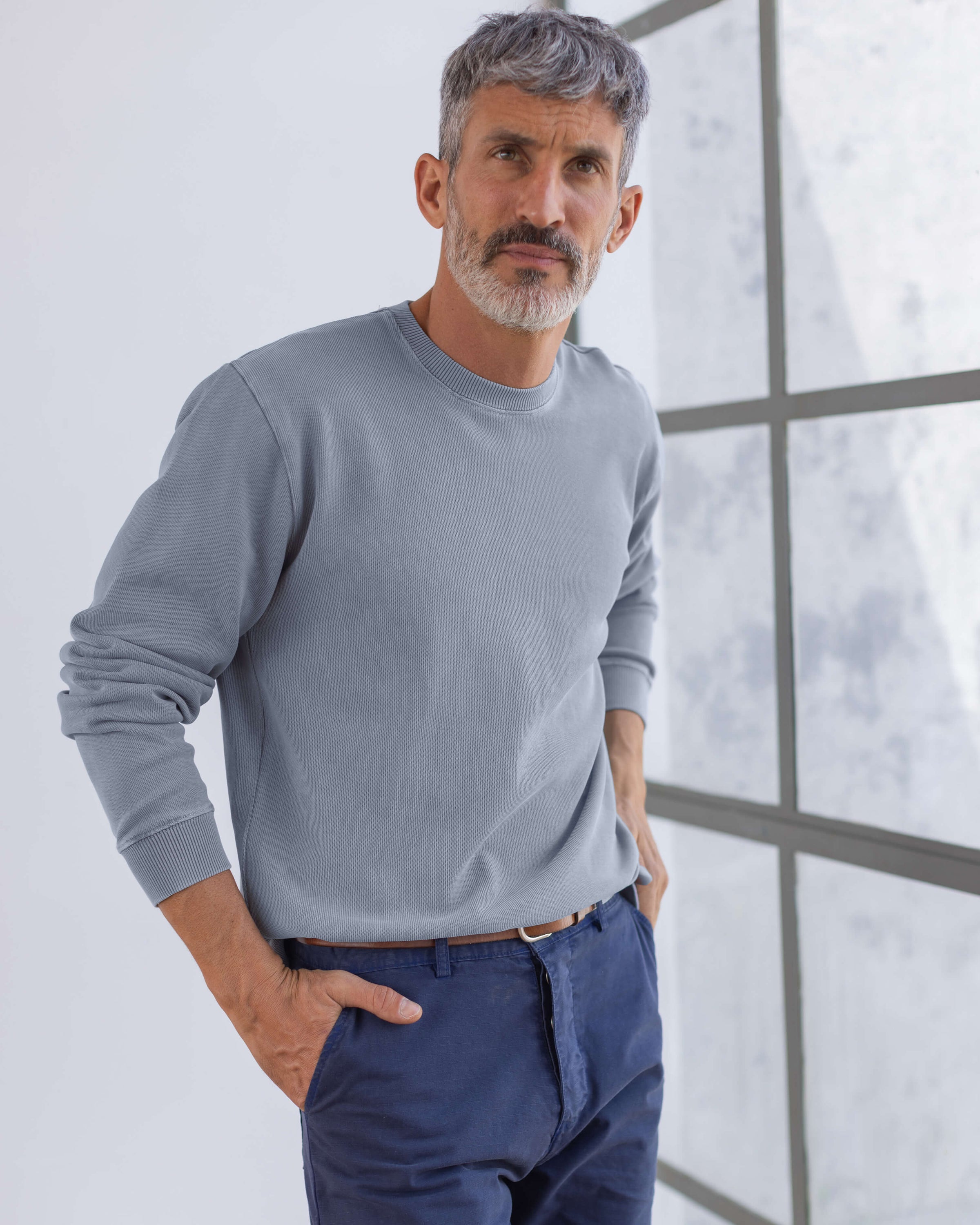 Caza Slubbly Organic Cotton Crewneck Sweatshirt / Faded Blue Wave