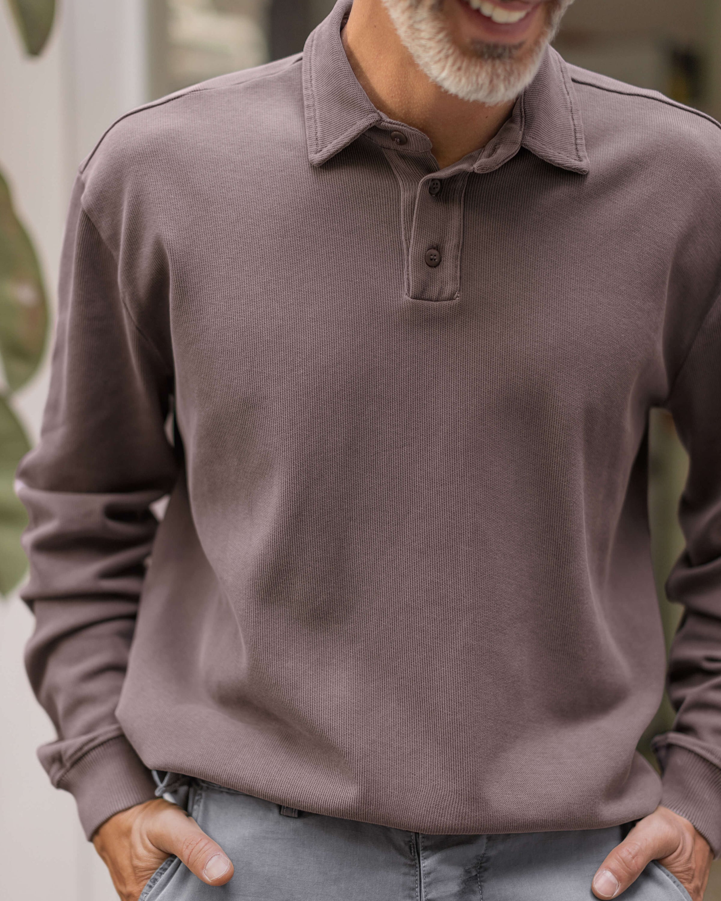Caza Slubbly Organic Cotton Long Sleeve Polo / Faded Brown Coffee