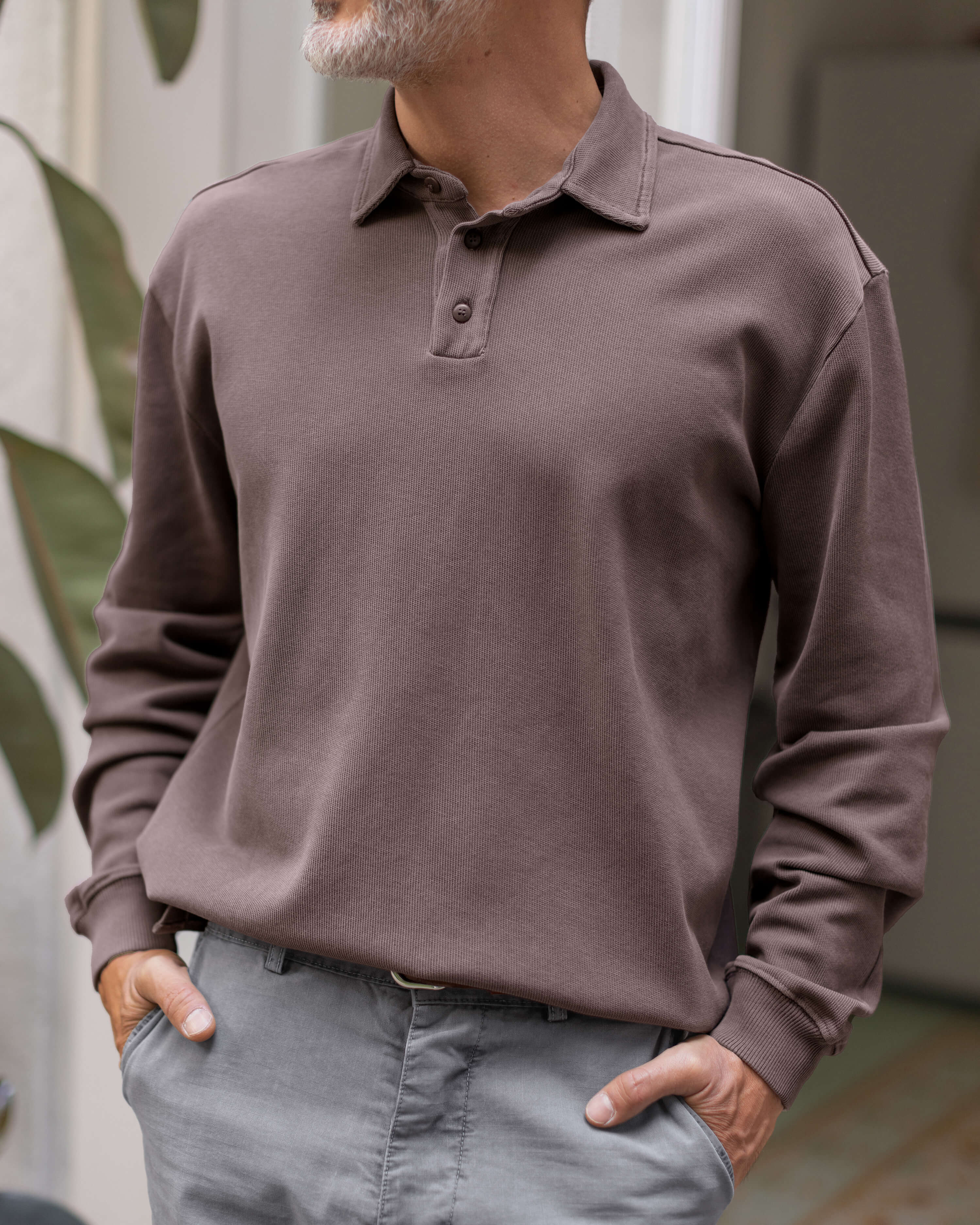 Caza Slubbly Organic Cotton Long Sleeve Polo / Faded Brown Coffee