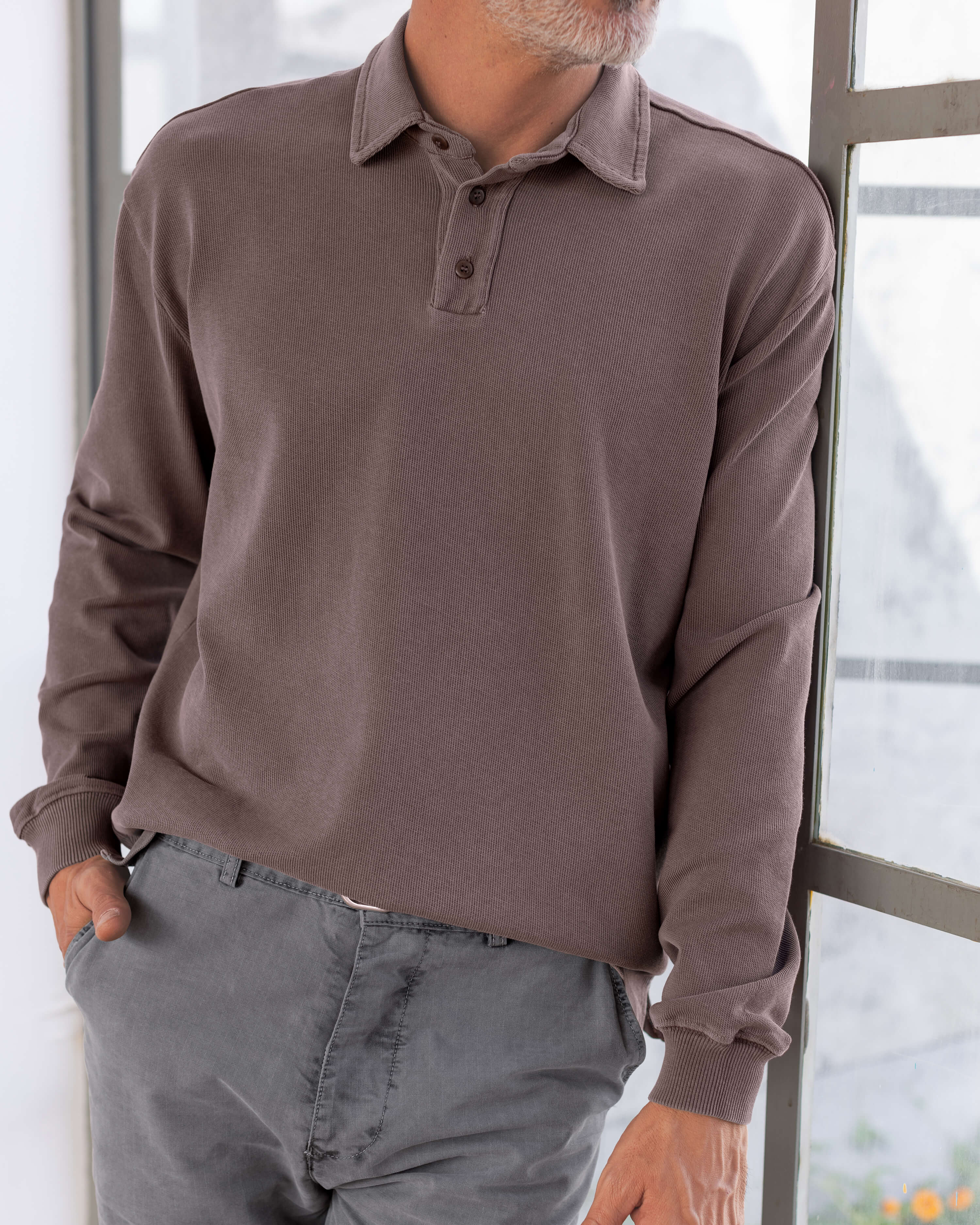 Caza Slubbly Organic Cotton Long Sleeve Polo / Faded Brown Coffee