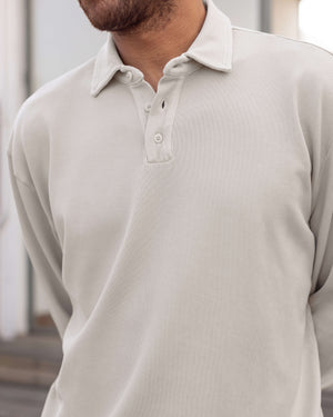 Caza Slubbly Organic Cotton Long Sleeve Polo / Cream Off White