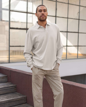 Caza Slubbly Organic Cotton Long Sleeve Polo / Cream Off White