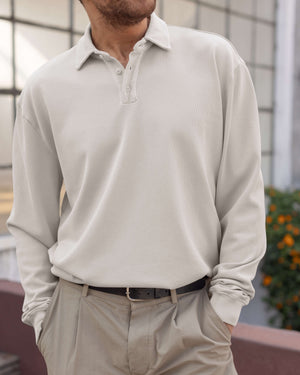 Caza Slubbly Organic Cotton Long Sleeve Polo / Cream Off White