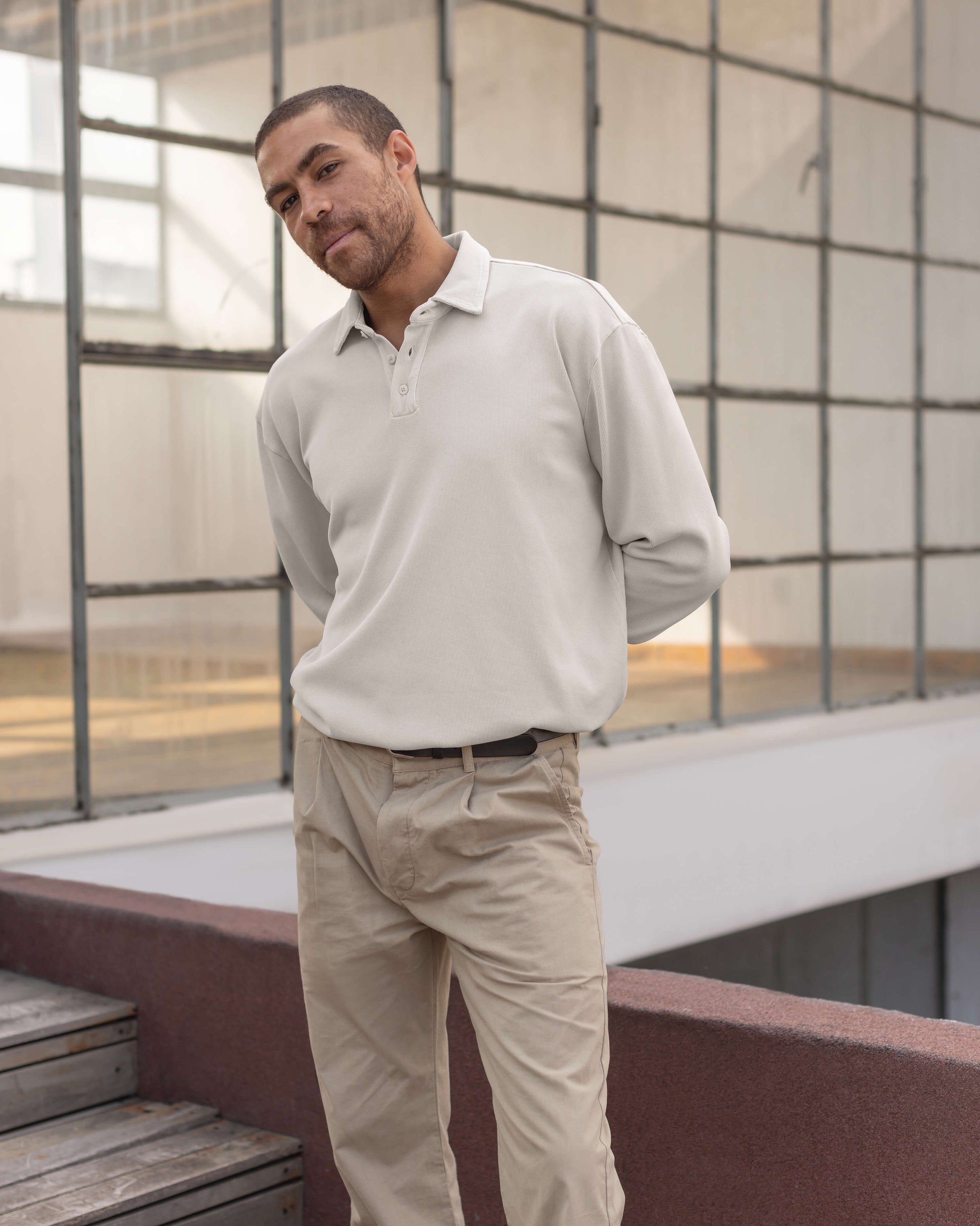 Caza Slubbly Organic Cotton Long Sleeve Polo / Cream Off White
