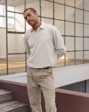 Caza Slubbly Organic Cotton Long Sleeve Polo / Cream Off White