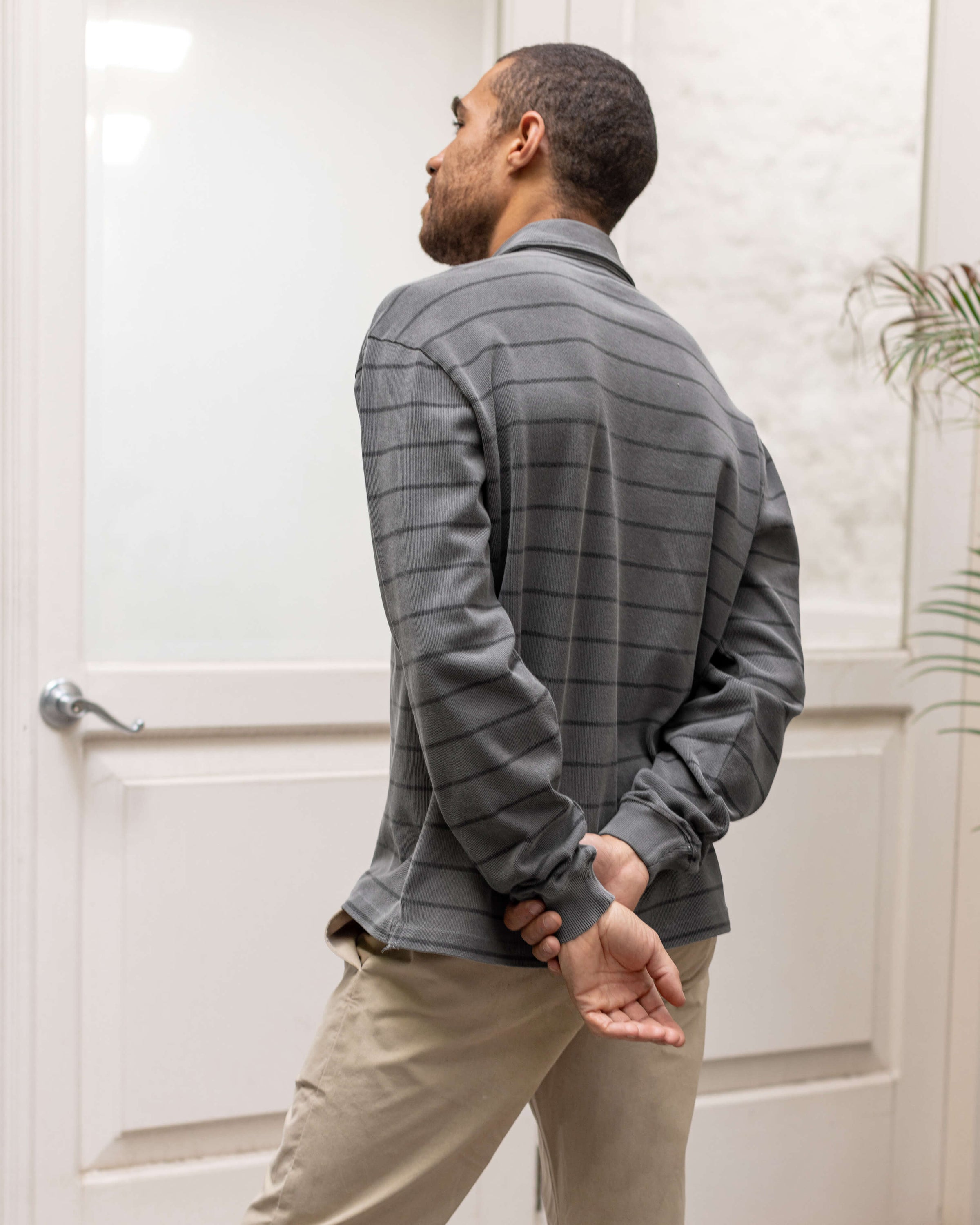 Caza Slubbly Organic Cotton Long Sleeve Polo / Striped Faded Grey and Dark Grey Slate Rio