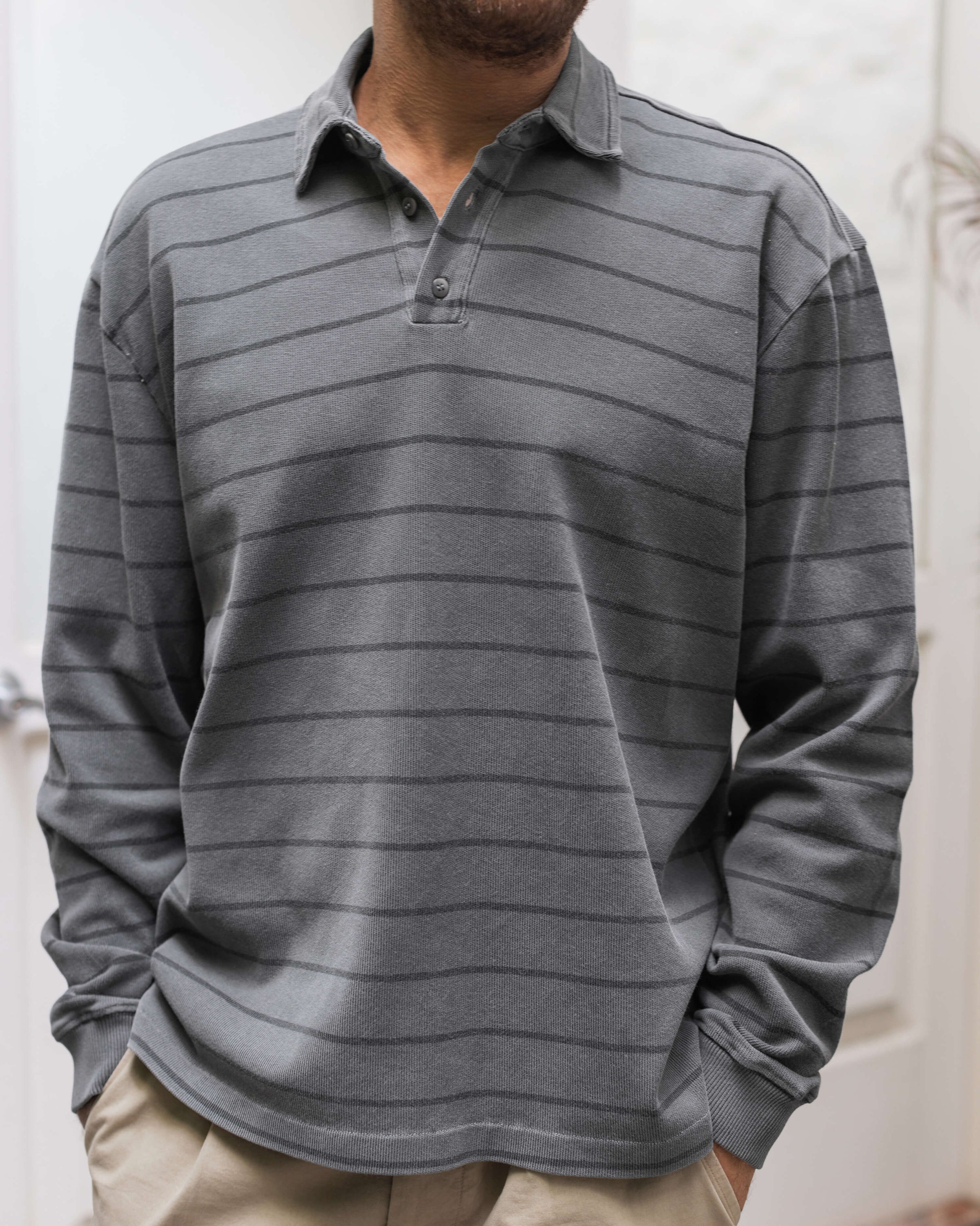 Caza Slubbly Organic Cotton Long Sleeve Polo / Striped Faded Grey and Dark Grey Slate Rio
