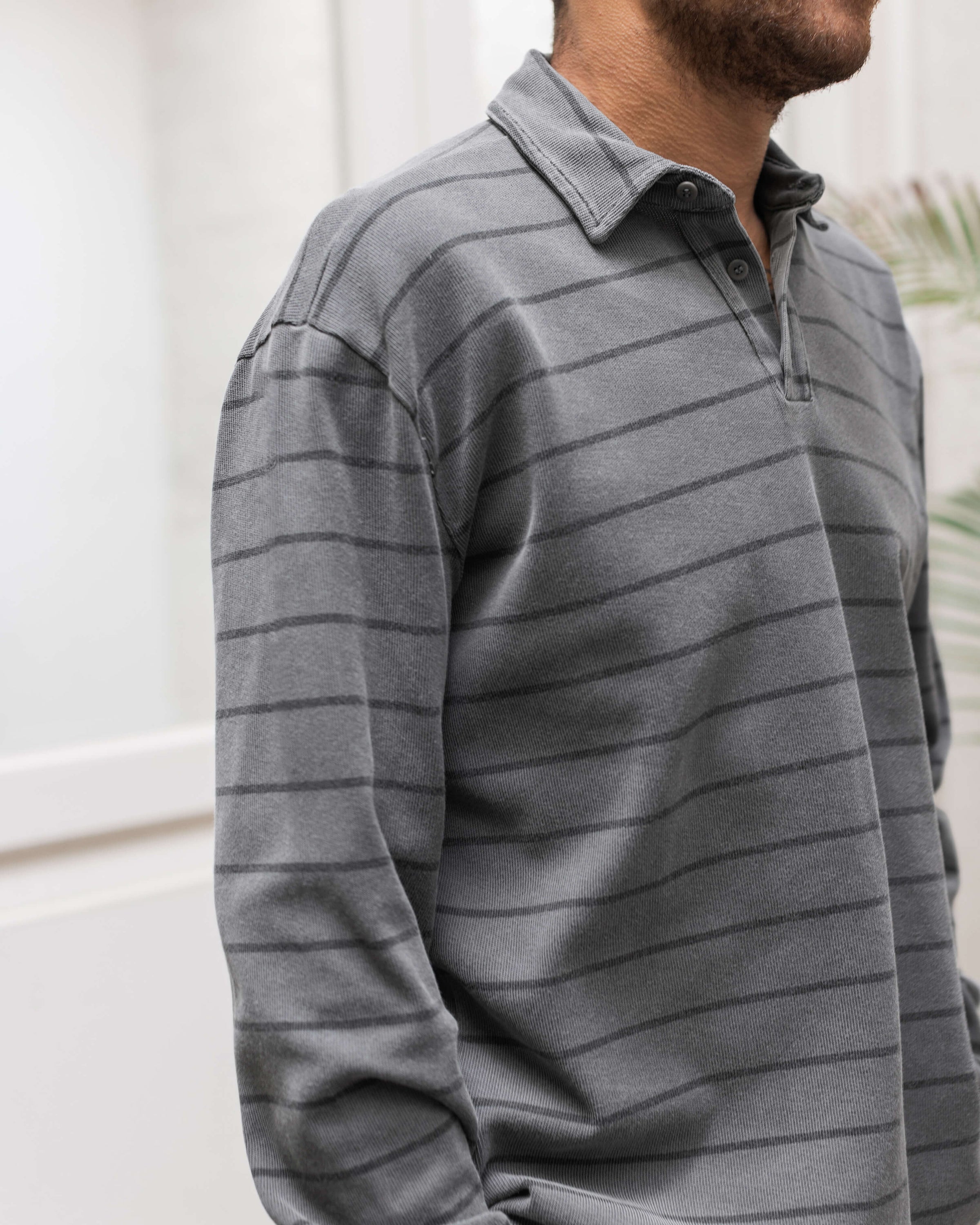 Caza Slubbly Organic Cotton Long Sleeve Polo / Striped Faded Grey and Dark Grey Slate Rio
