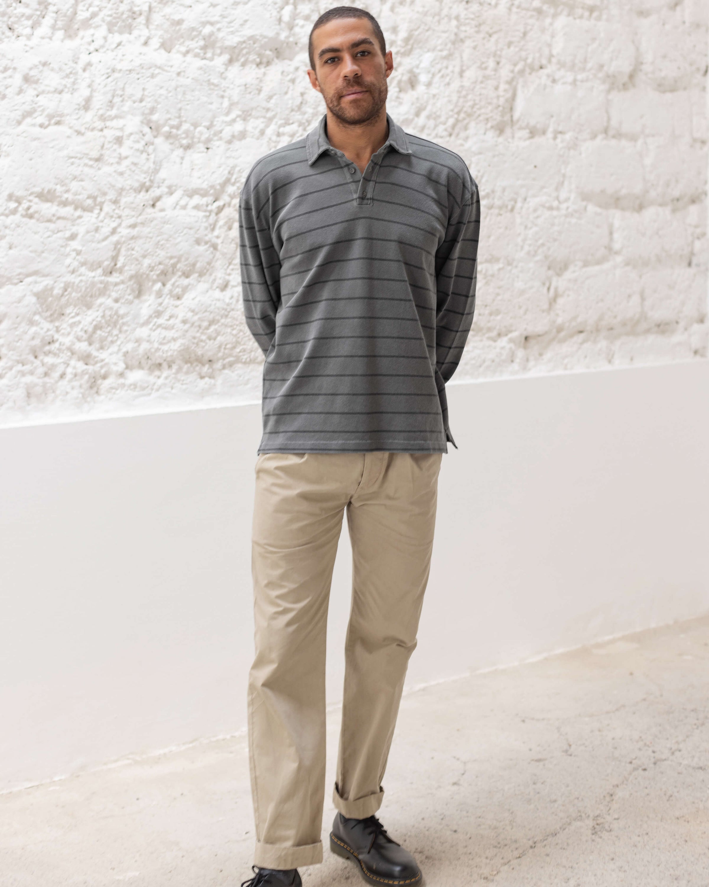 Caza Slubbly Organic Cotton Long Sleeve Polo / Striped Faded Grey and Dark Grey Slate Rio