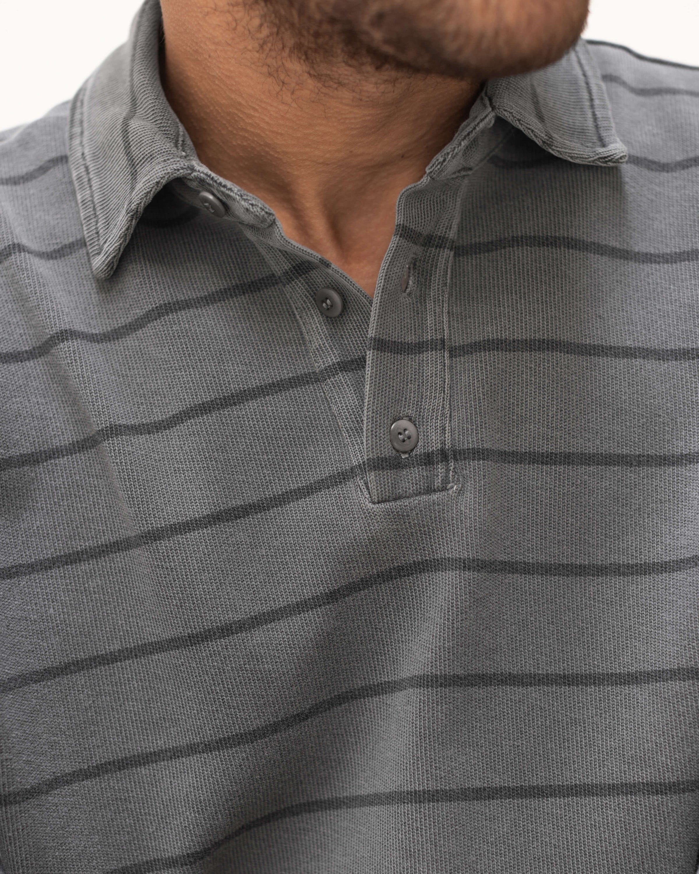 Caza Slubbly Organic Cotton Long Sleeve Polo / Striped Faded Grey and Dark Grey Slate Rio