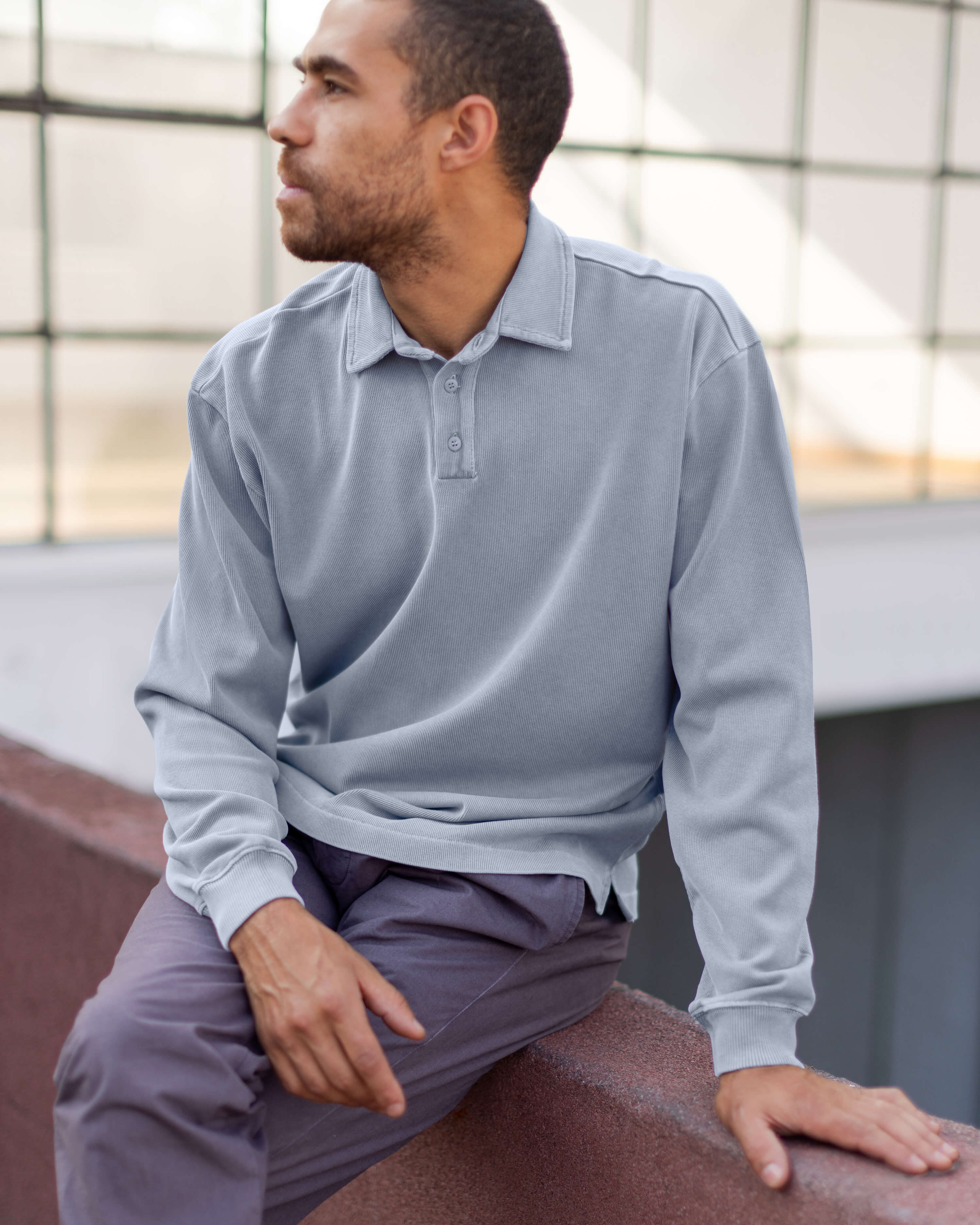 Caza Slubbly Organic Cotton Long Sleeve Polo / Faded Blue Wave
