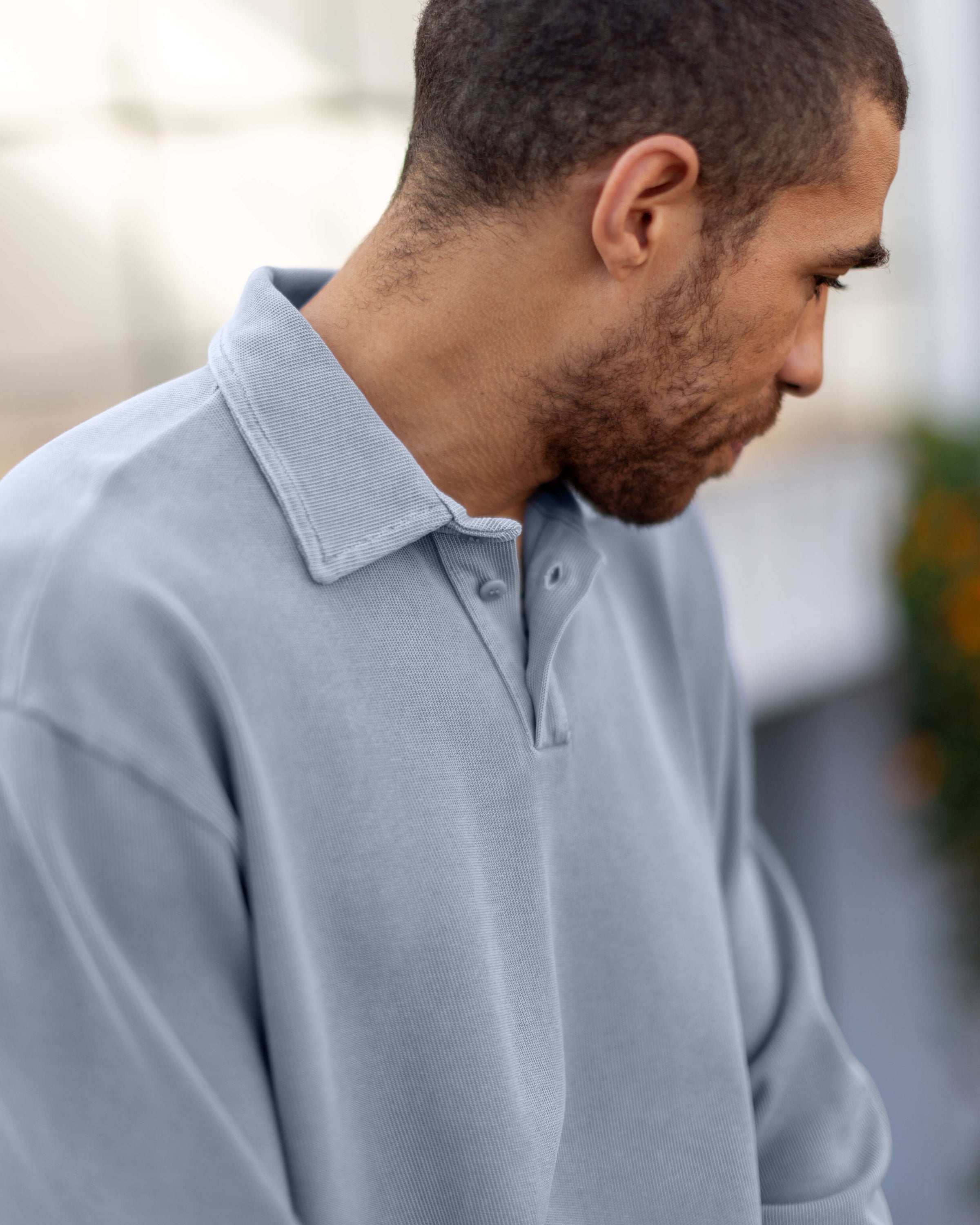 Caza Slubbly Organic Cotton Long Sleeve Polo / Faded Blue Wave