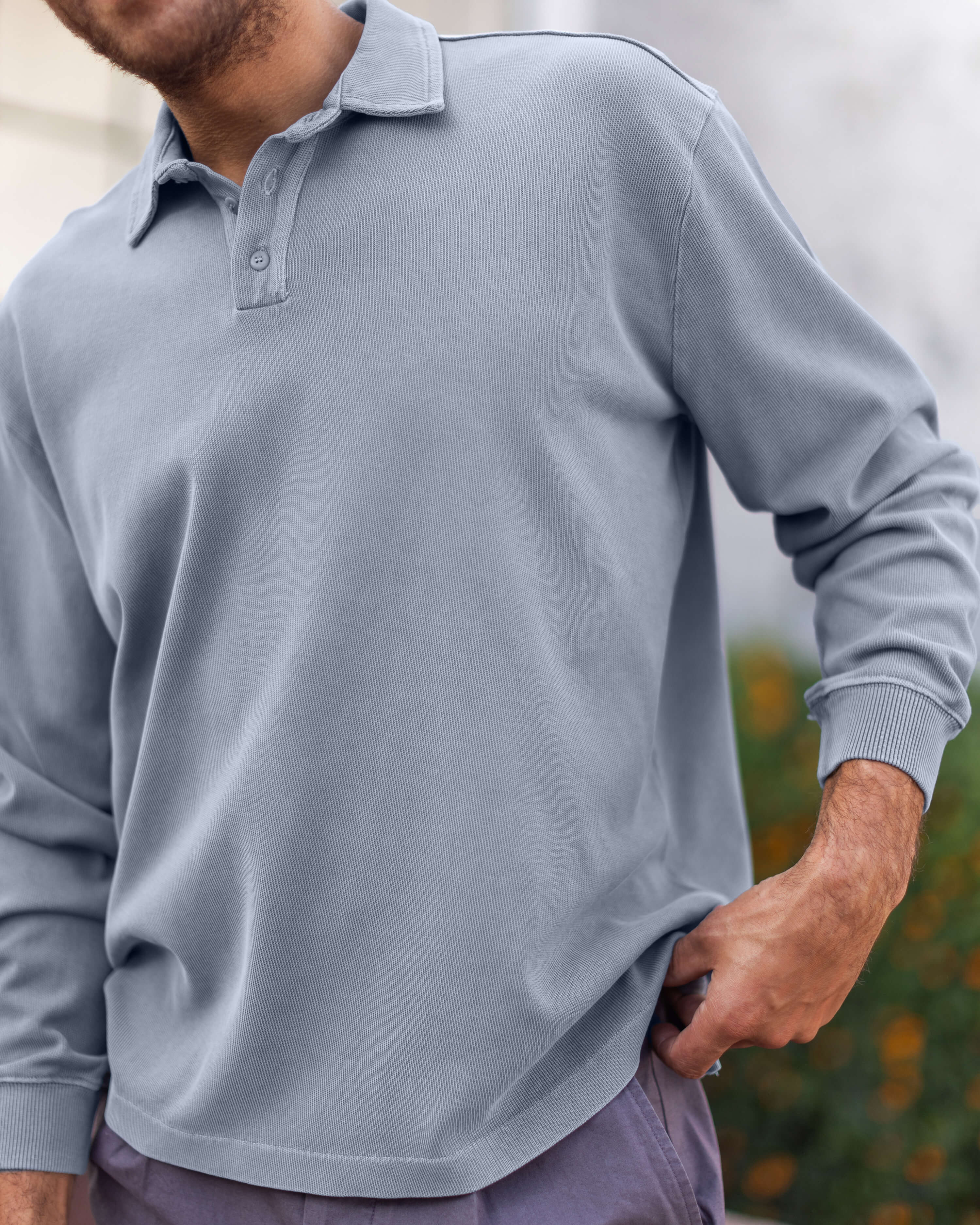 Caza Slubbly Organic Cotton Long Sleeve Polo / Faded Blue Wave