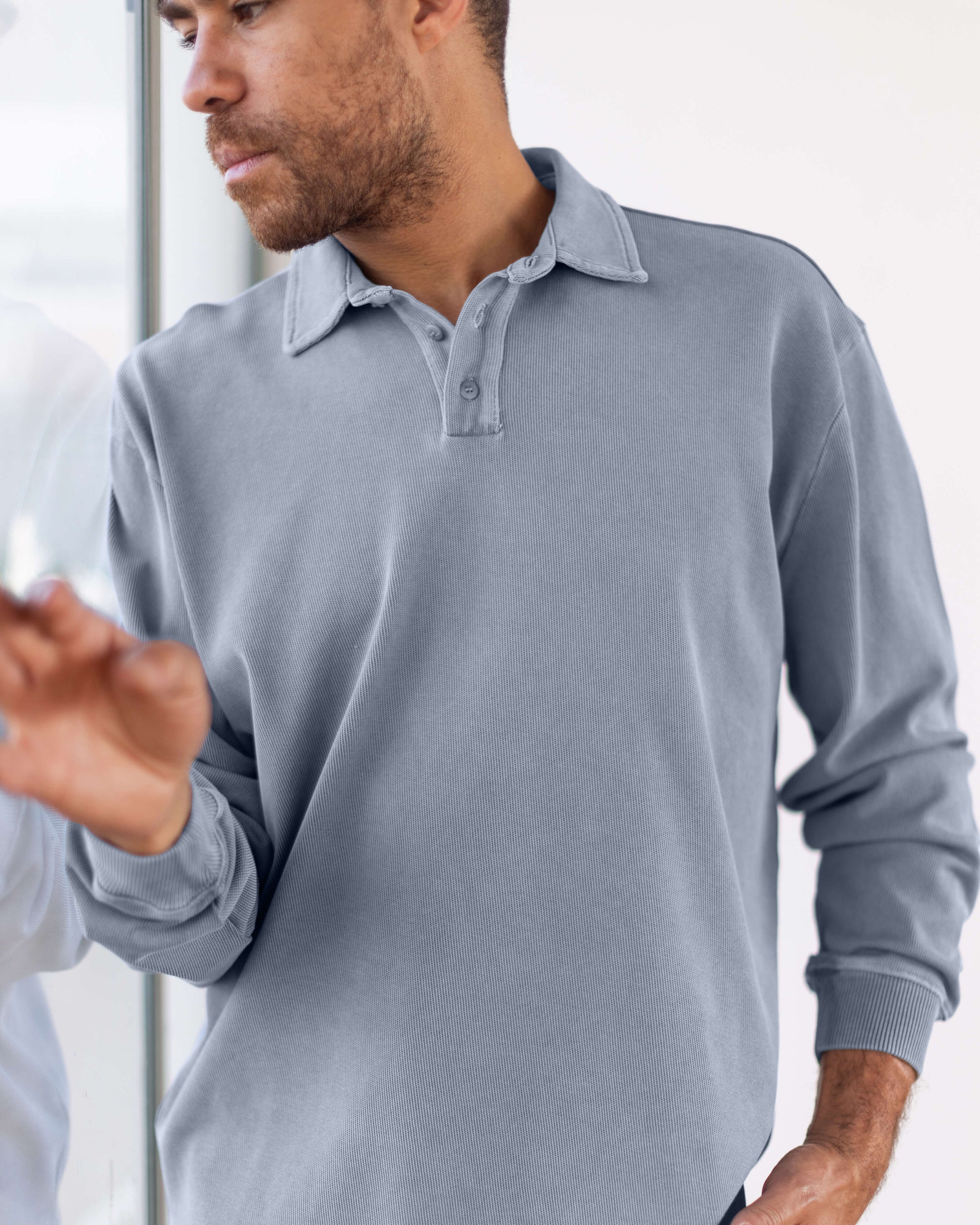 Caza Slubbly Organic Cotton Long Sleeve Polo / Faded Blue Wave