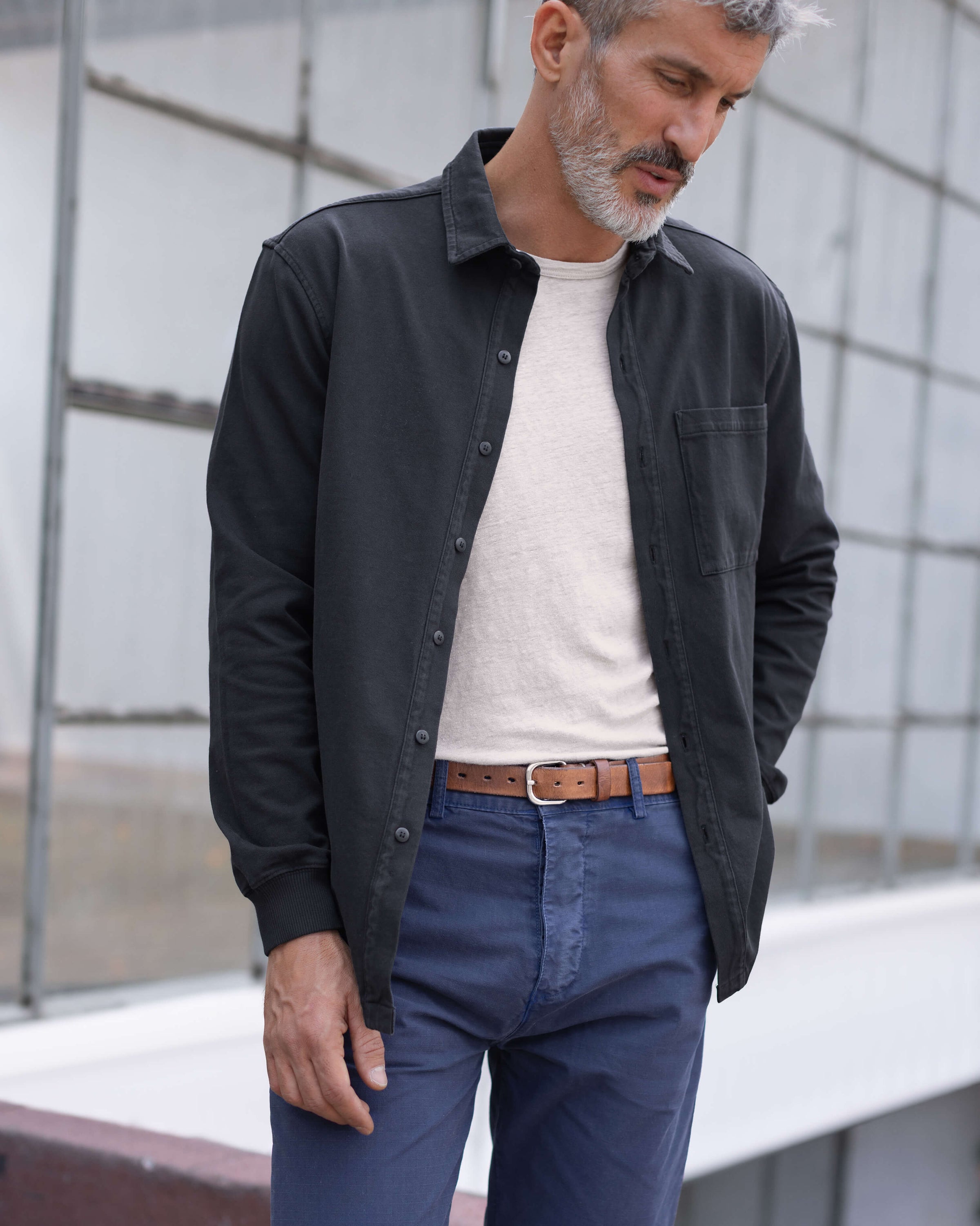 Caza Slubbly Organic Cotton Button Up Shirt / Black Night