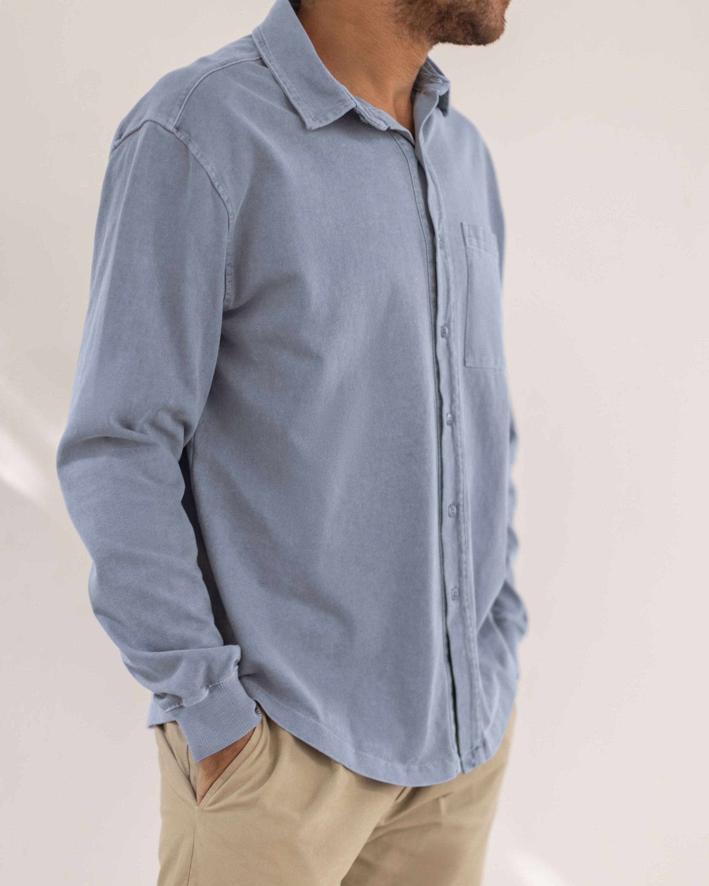 Caza Slubbly Organic Cotton Button Up Shirt / Faded Blue Wave