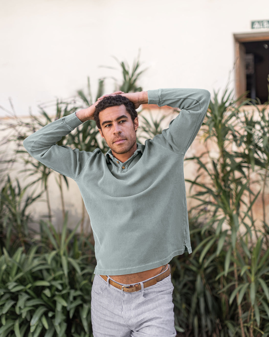 Caza Slubbly Organic Cotton Long Sleeve Polo / Faded Green