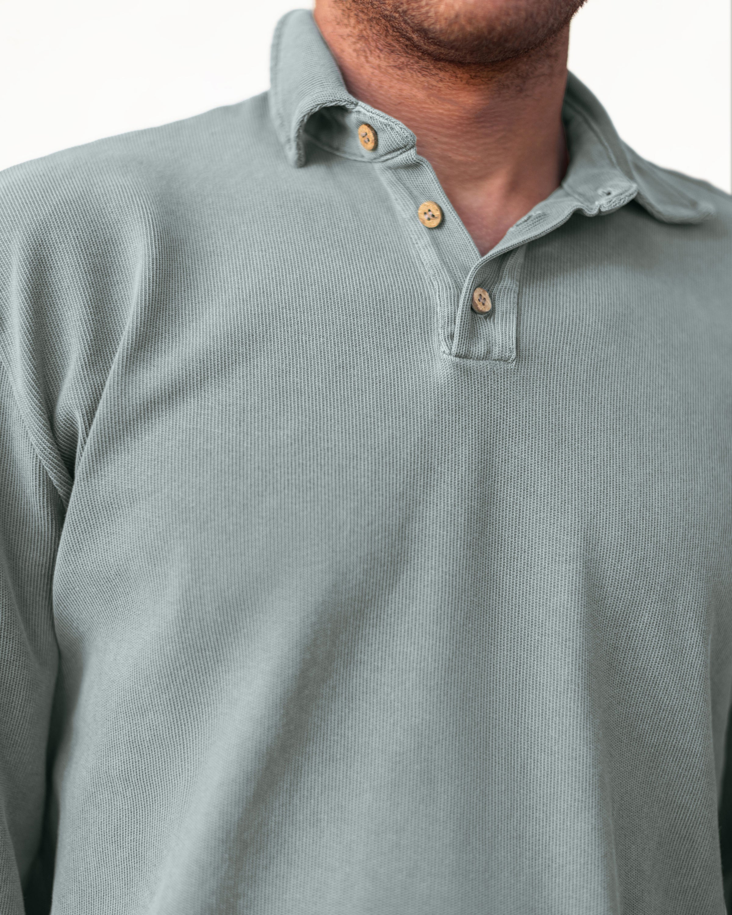 Caza Slubbly Organic Cotton Long Sleeve Polo / Faded Green