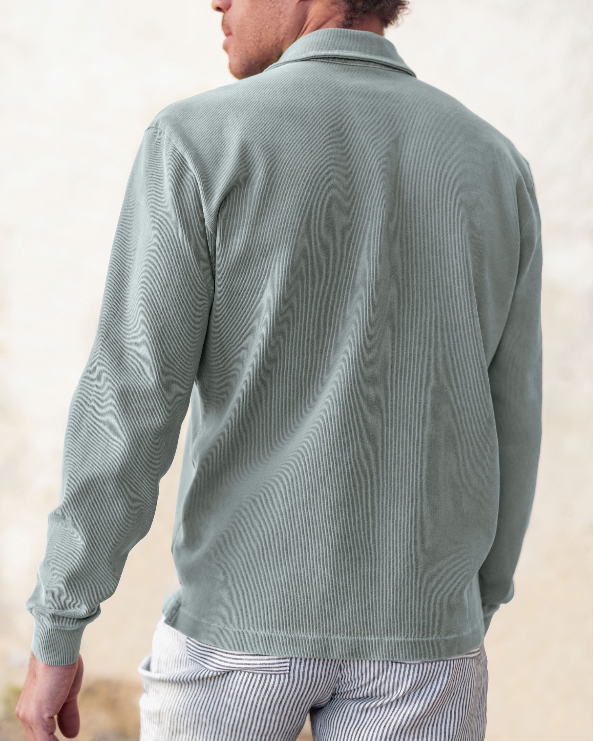 Caza Slubbly Organic Cotton Long Sleeve Polo / Faded Green