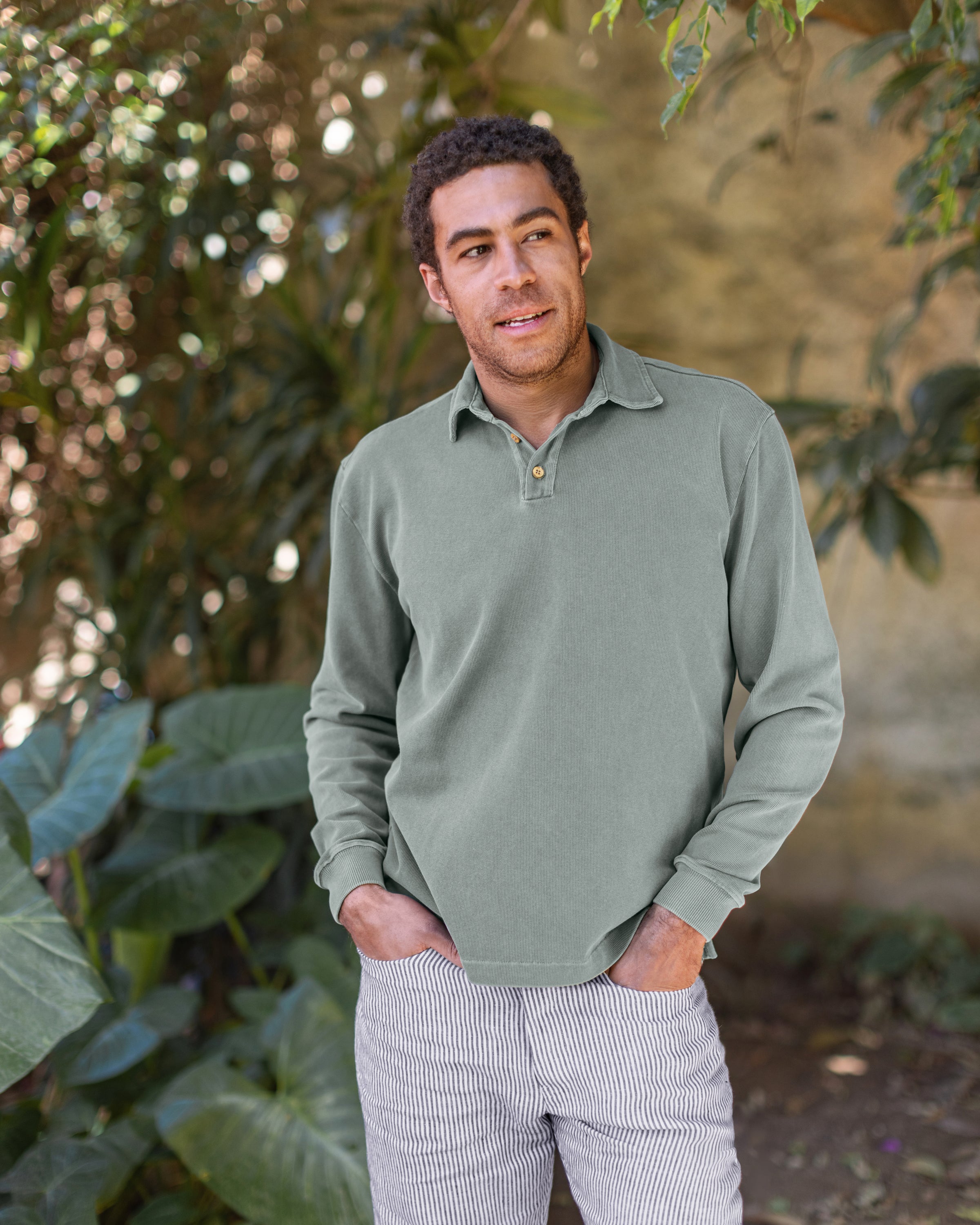 Caza Slubbly Organic Cotton Long Sleeve Polo / Faded Green