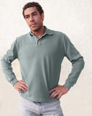 Caza Slubbly Organic Cotton Long Sleeve Polo / Faded Green