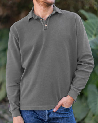 Caza Slubbly Organic Cotton Long Sleeve Polo / Faded Grey Slate
