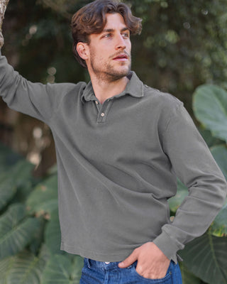Caza Slubbly Organic Cotton Long Sleeve Polo / Faded Grey Slate