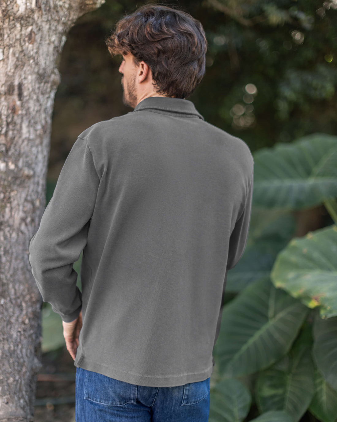 Caza Slubbly Organic Cotton Long Sleeve Polo / Faded Grey Slate