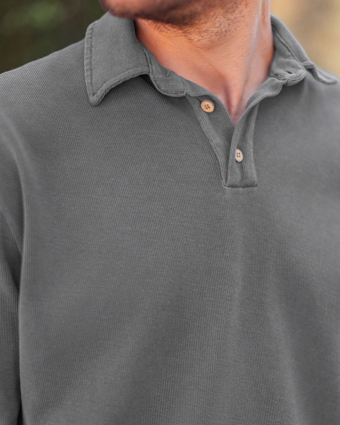 Caza Slubbly Organic Cotton Long Sleeve Polo / Faded Grey Slate