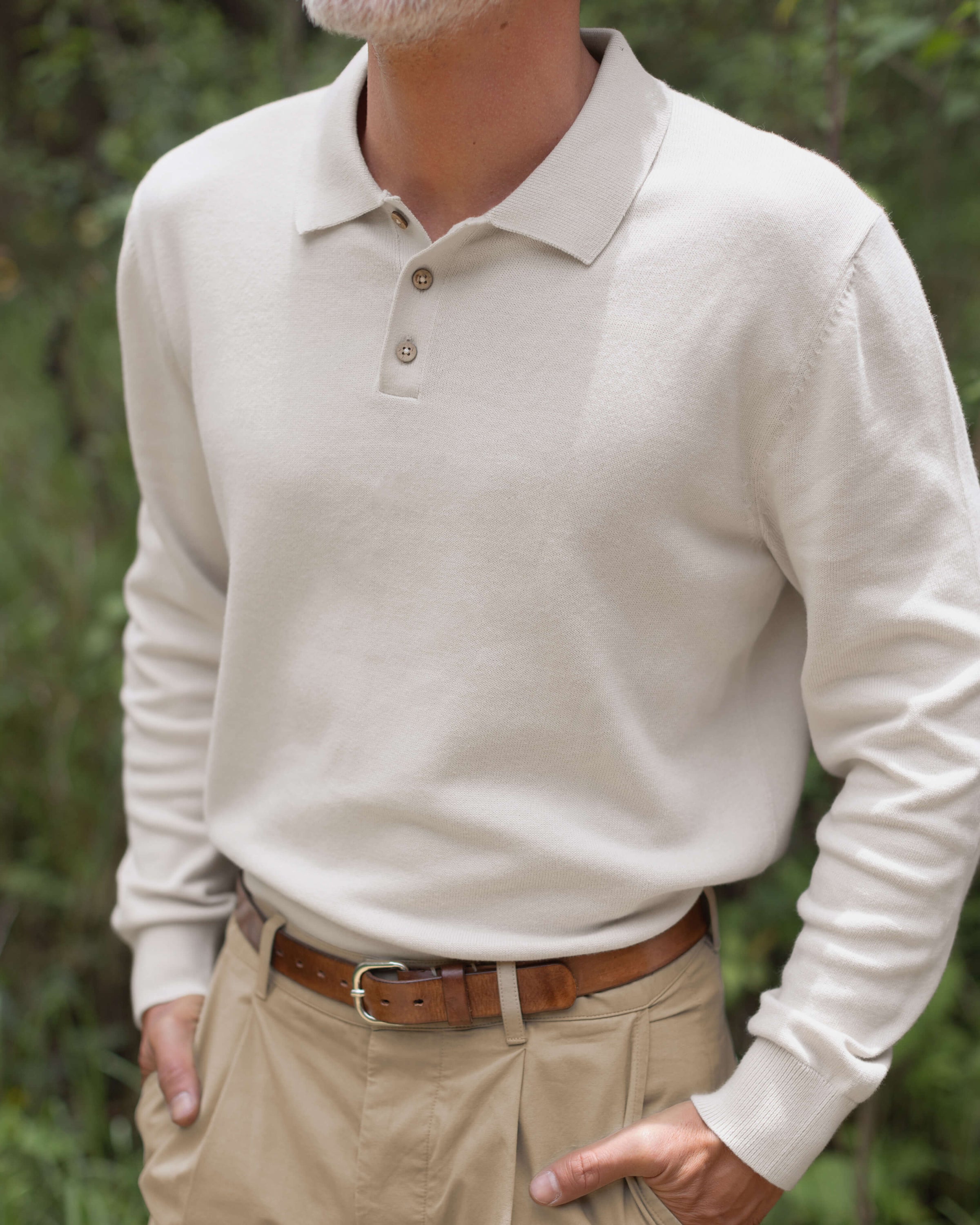 Feather Organic Cotton Knit Long Sleeve Polo / Cream Off White