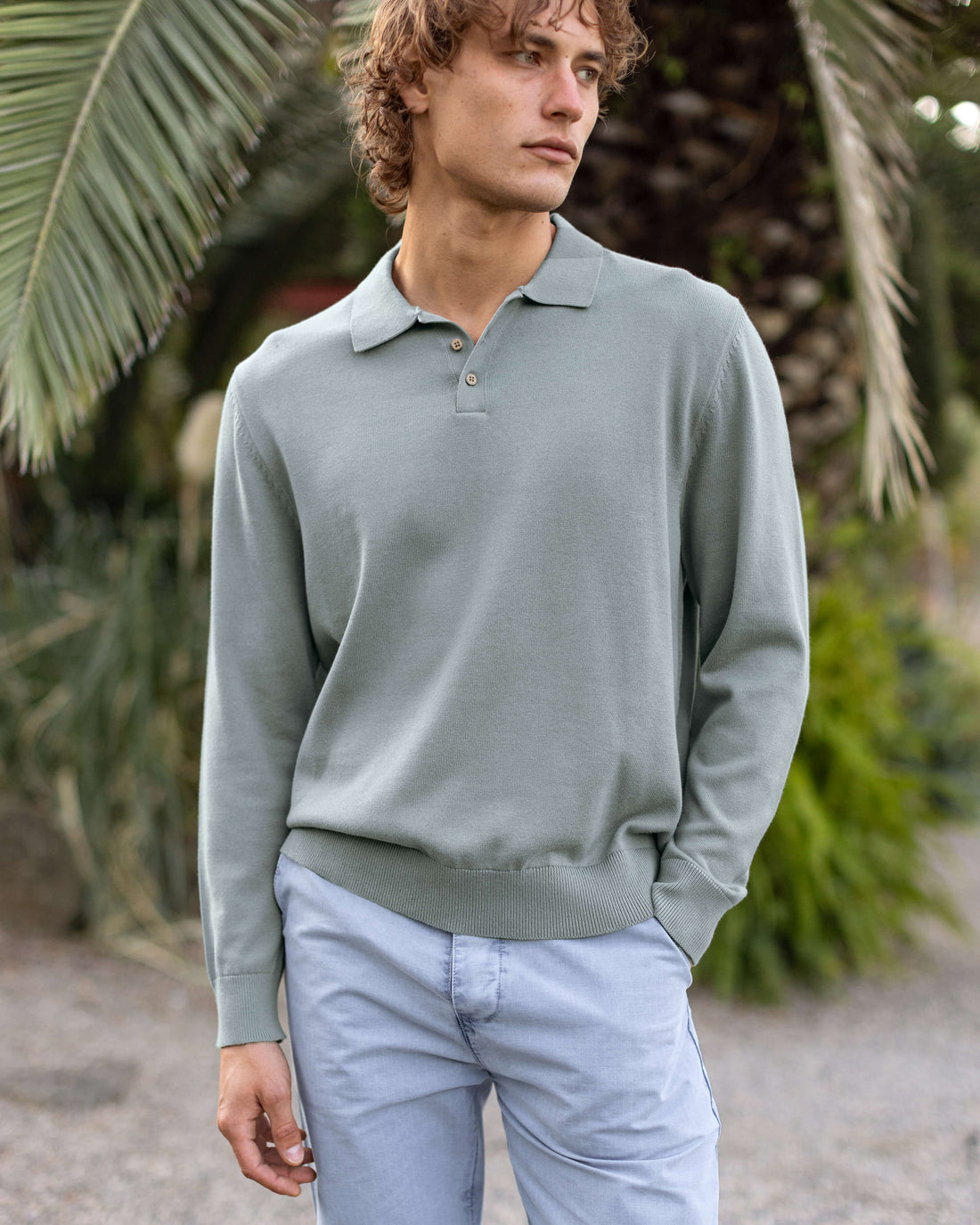 Feather Organic Cotton Knit Long Sleeve Polo / Faded Green