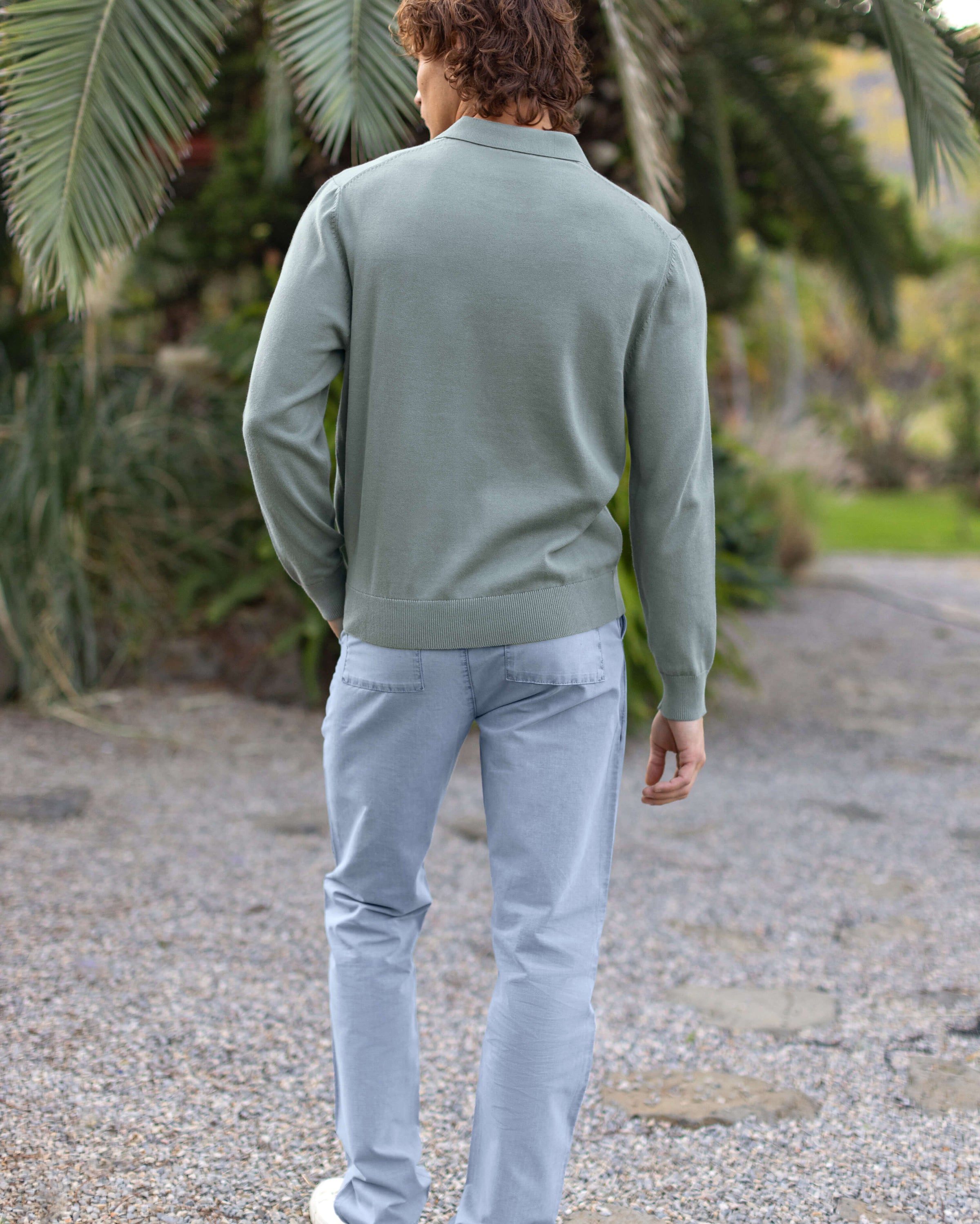 Feather Organic Cotton Knit Long Sleeve Polo / Faded Green