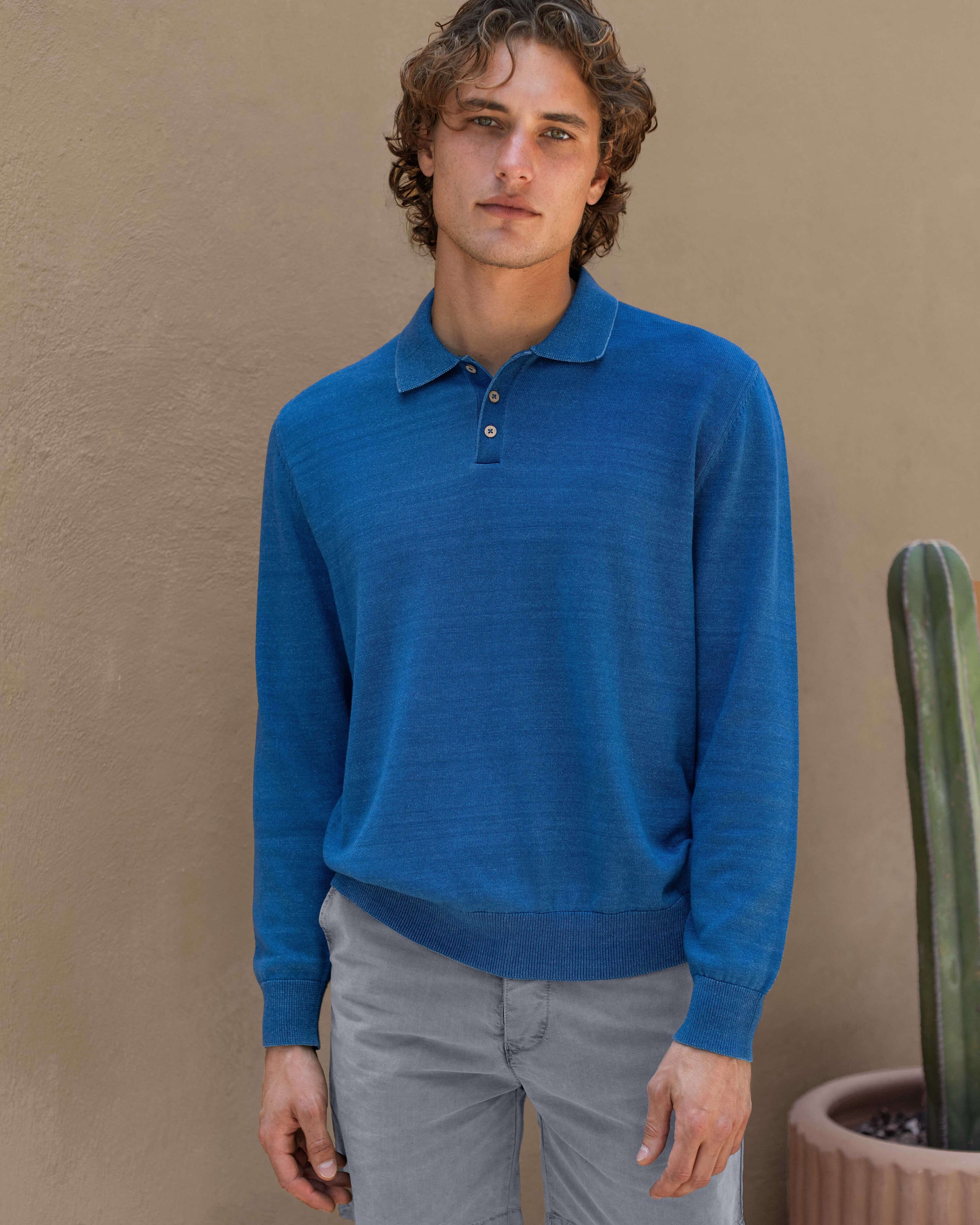 Feather Organic Cotton Knit Long Sleeve Polo / Royal Blue King