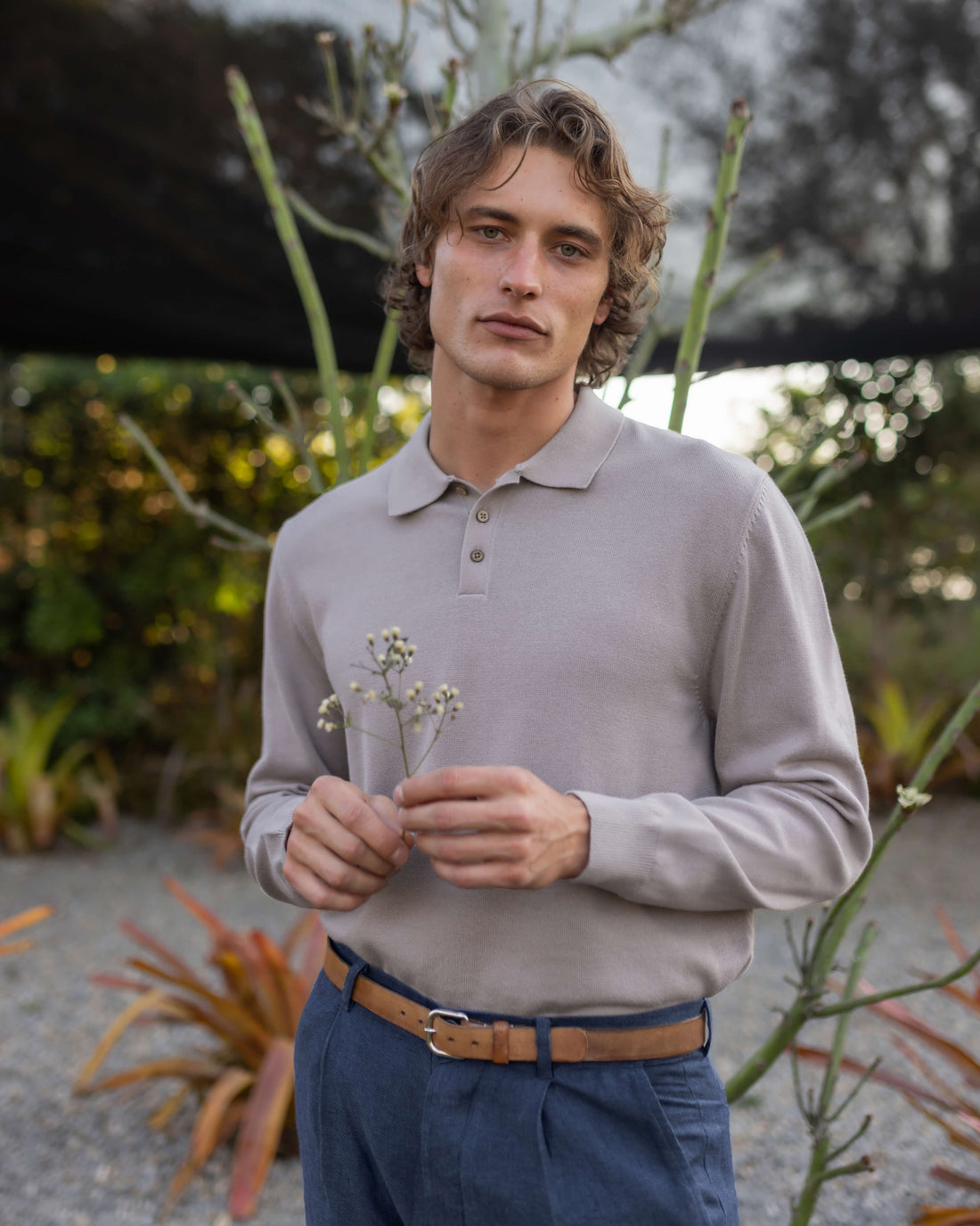 Feather Organic Cotton Knit Long Sleeve Polo / Faded Pink Rose