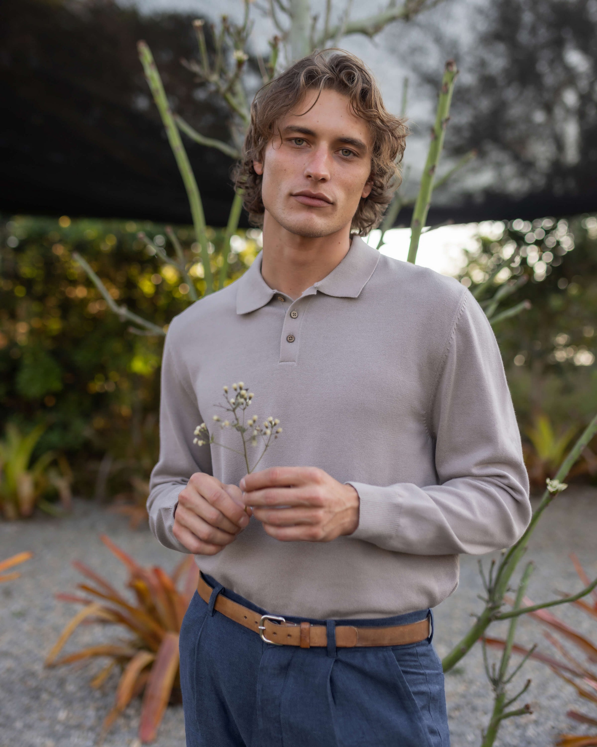 Feather Organic Cotton Knit Long Sleeve Polo / Faded Pink Rose