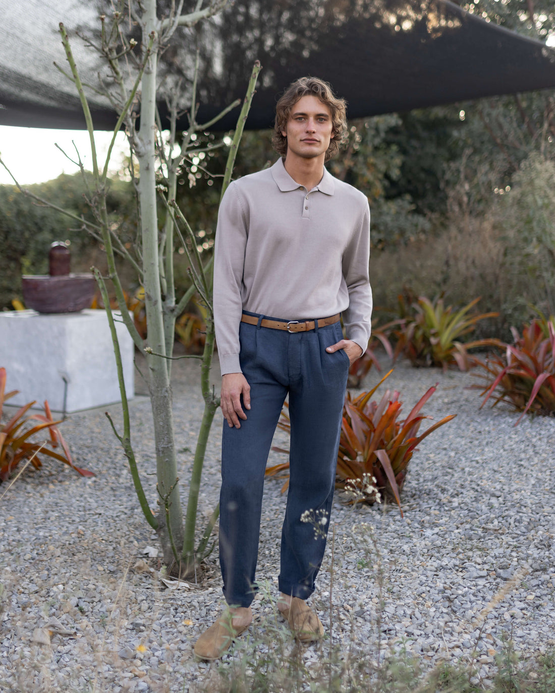 Feather Organic Cotton Knit Long Sleeve Polo / Faded Pink Rose