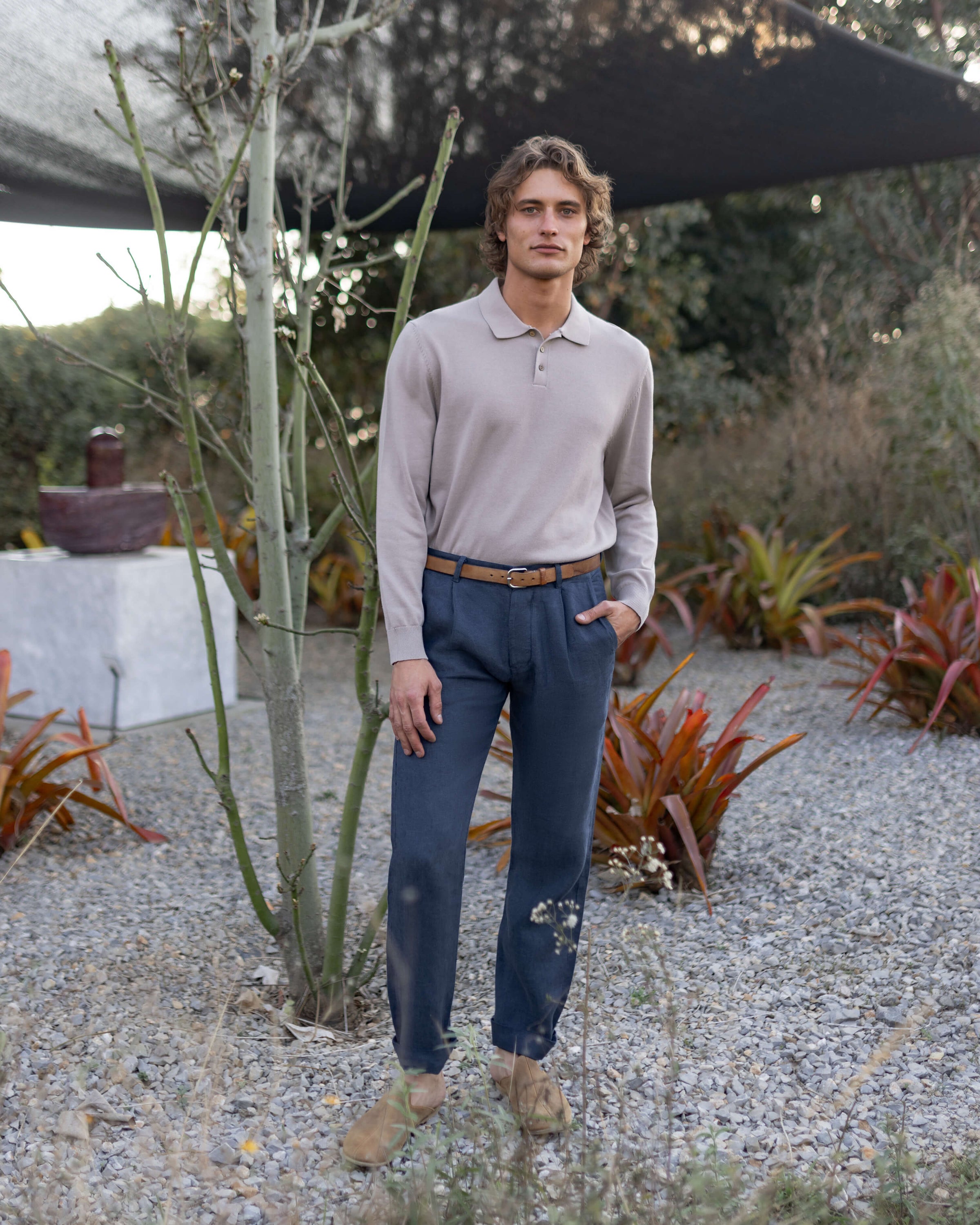 Feather Organic Cotton Knit Long Sleeve Polo / Faded Pink Rose