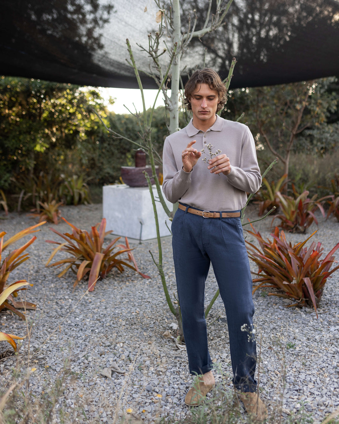 Feather Organic Cotton Knit Long Sleeve Polo / Faded Pink Rose