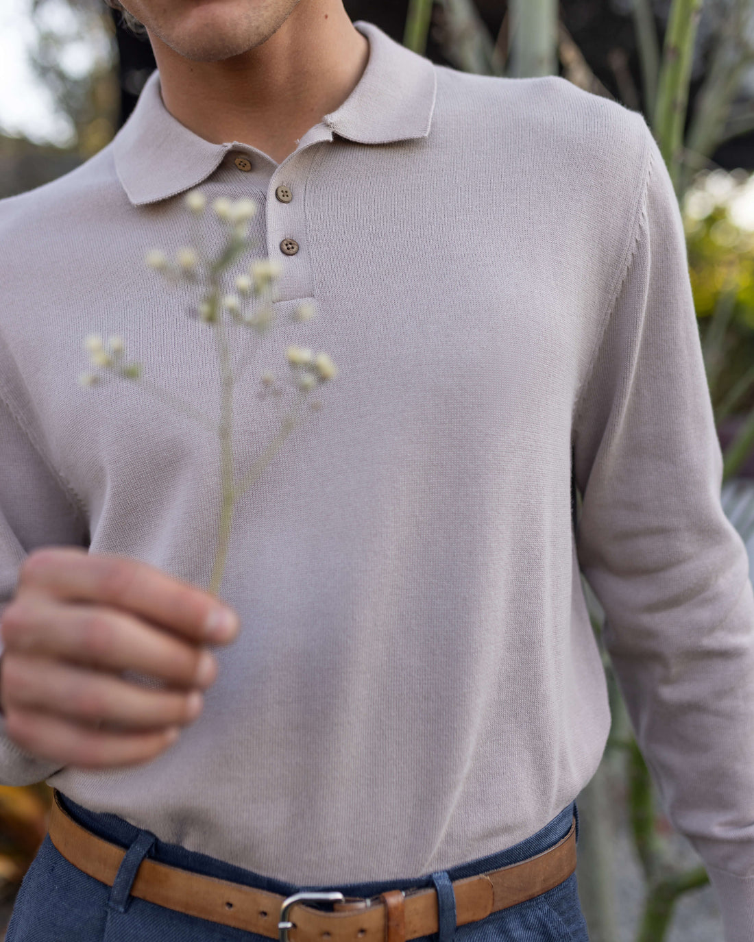 Feather Organic Cotton Knit Long Sleeve Polo / Faded Pink Rose