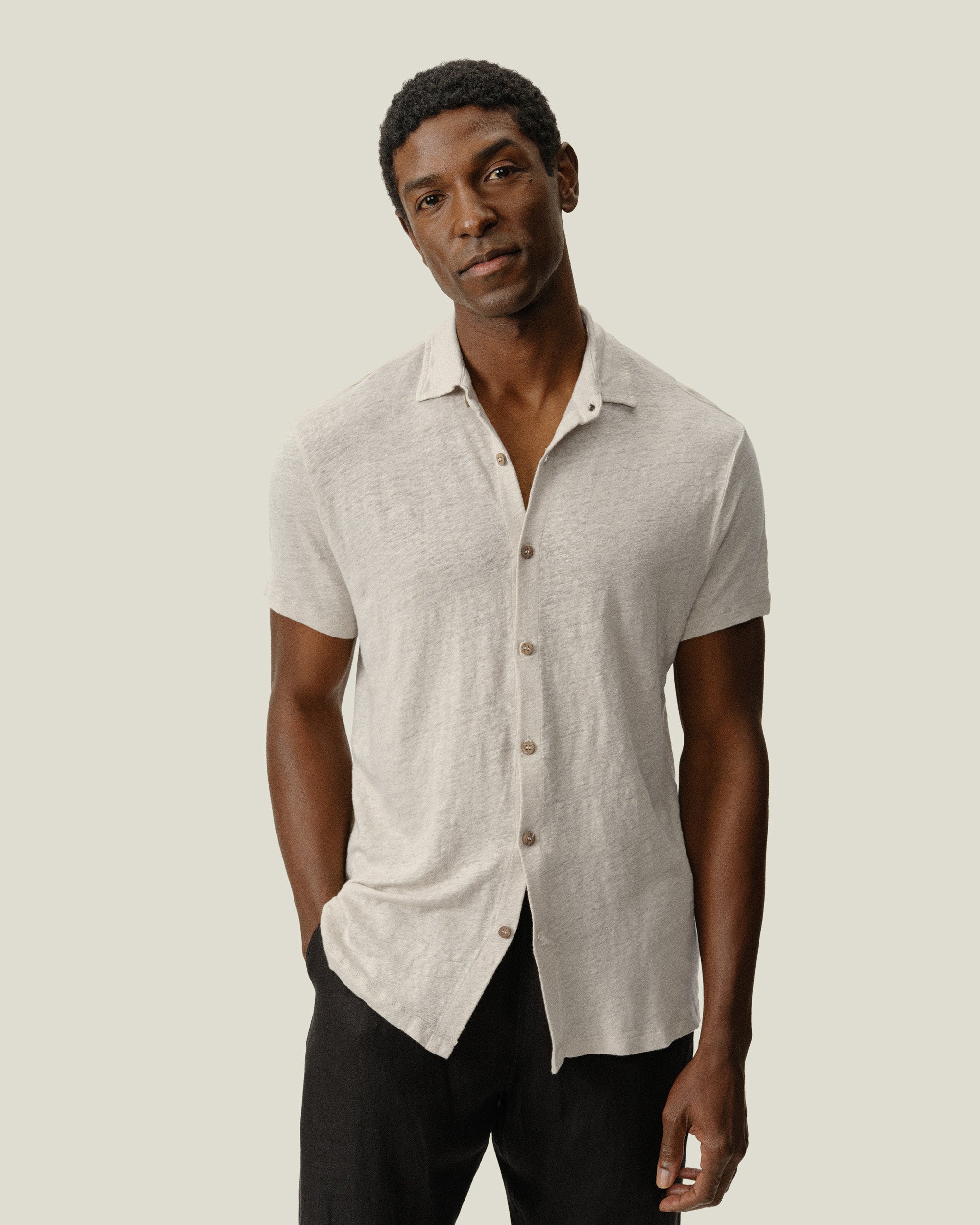 【新品未使用】CLANE LINE UP BUTTON KNIT TOPS Knit Ola Linen Short Sleeve Button Up Shirt - Sustainable French