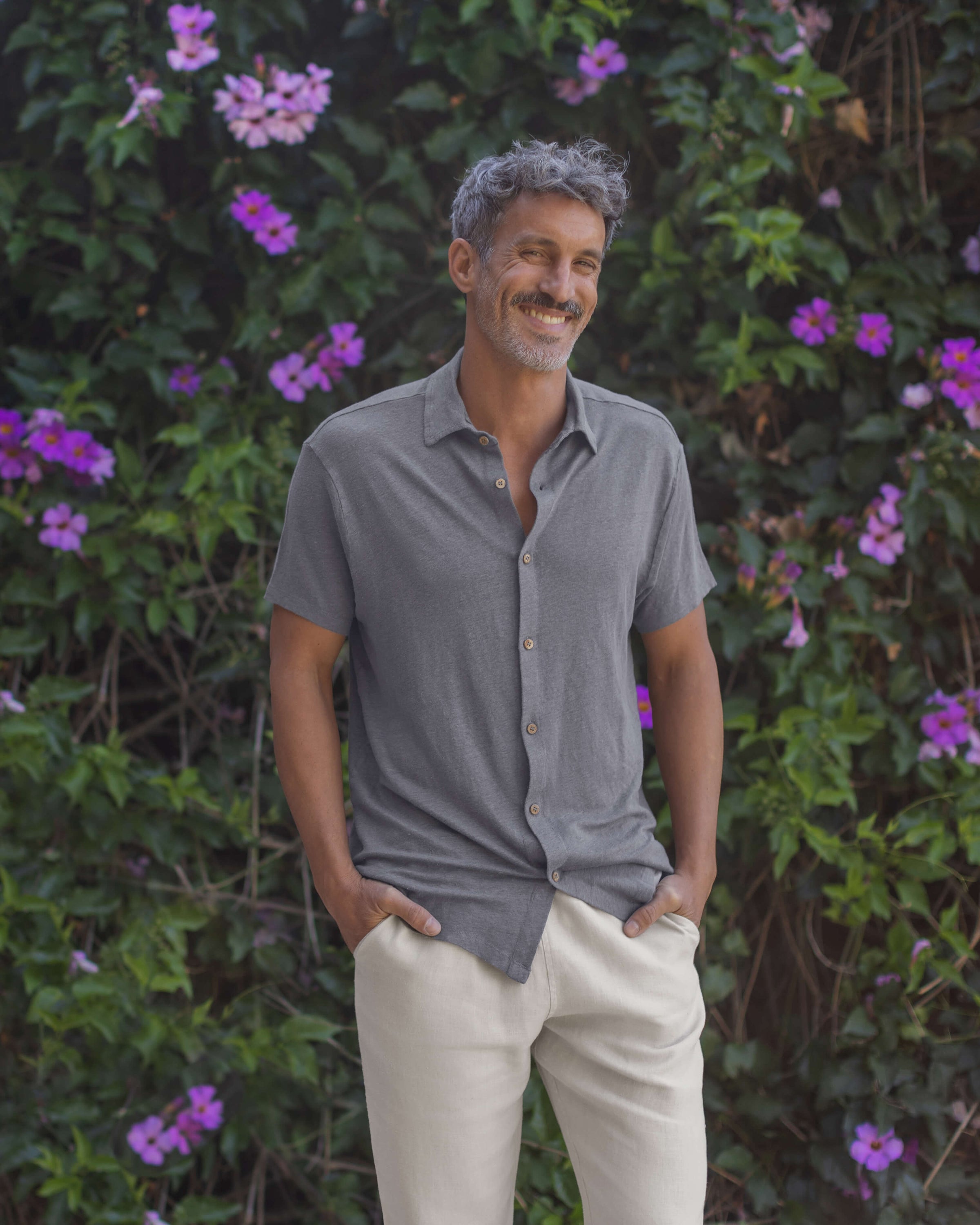 Knit Ola Linen Short Sleeve Button Up Shirt - Sustainable French Linen / Faded Grey Slate