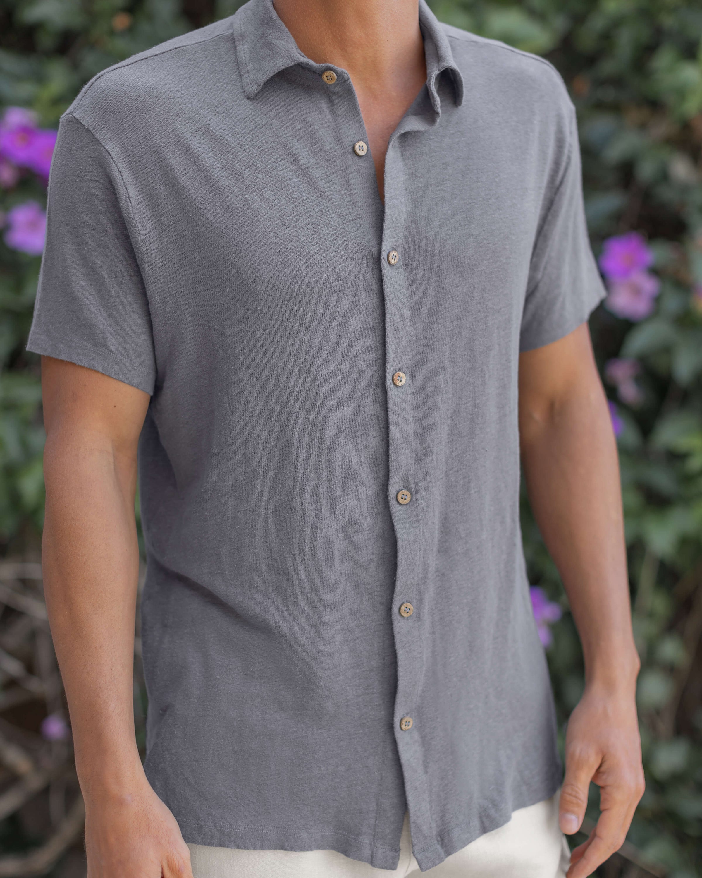 Knit Ola Linen Short Sleeve Button Up Shirt - Sustainable French Linen / Faded Grey Slate
