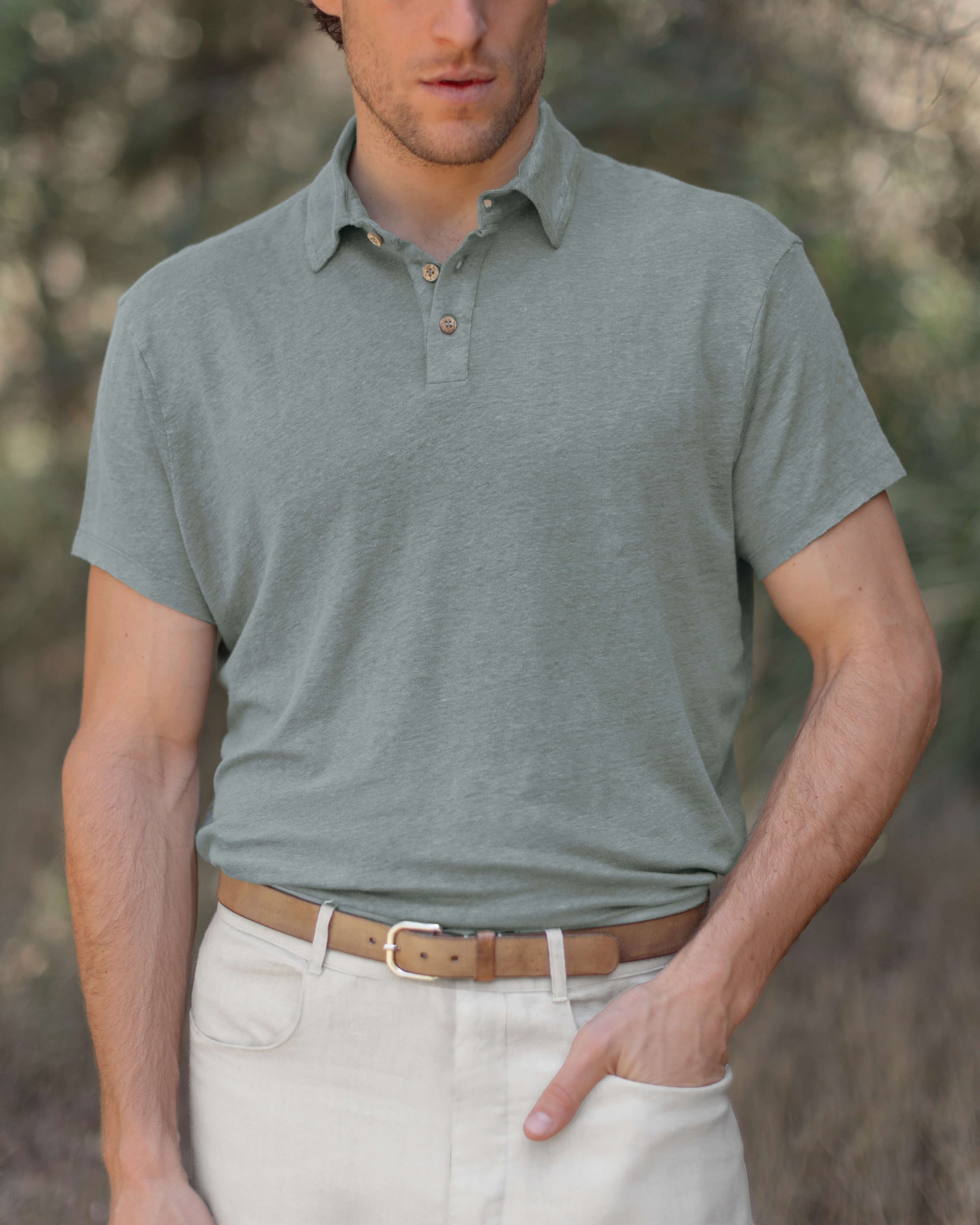 Knit Polo Linen Short Sleeve Polo - Sustainable French Linen / Faded Green