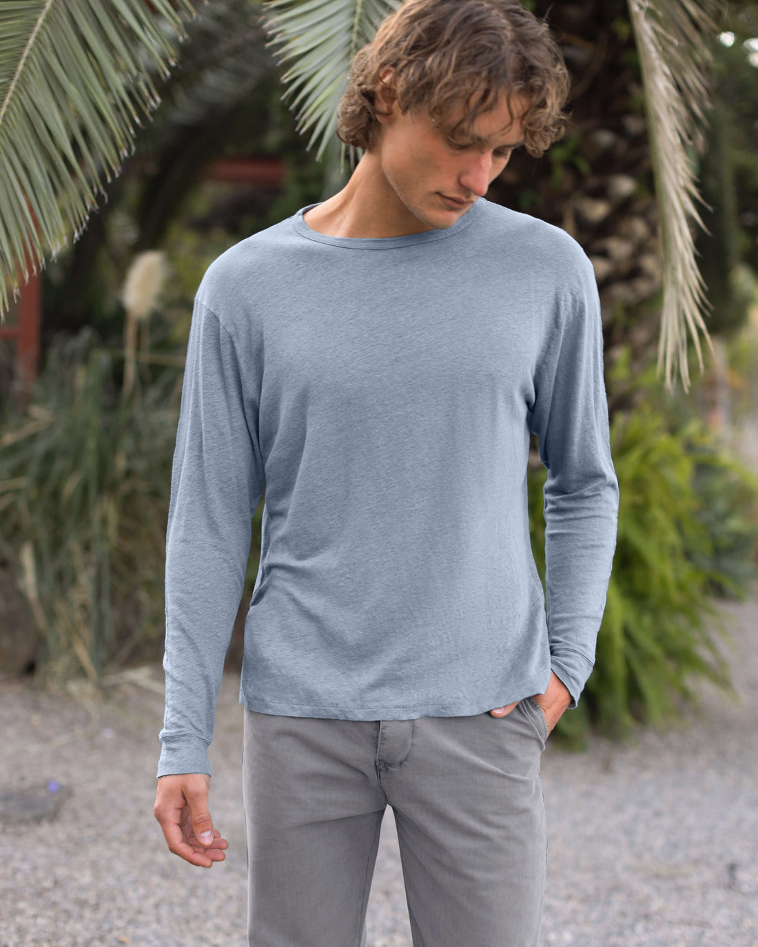 Sun Knit Linen Long Sleeve T-Shirt - Sustainable French Linen / Faded Blue Wave