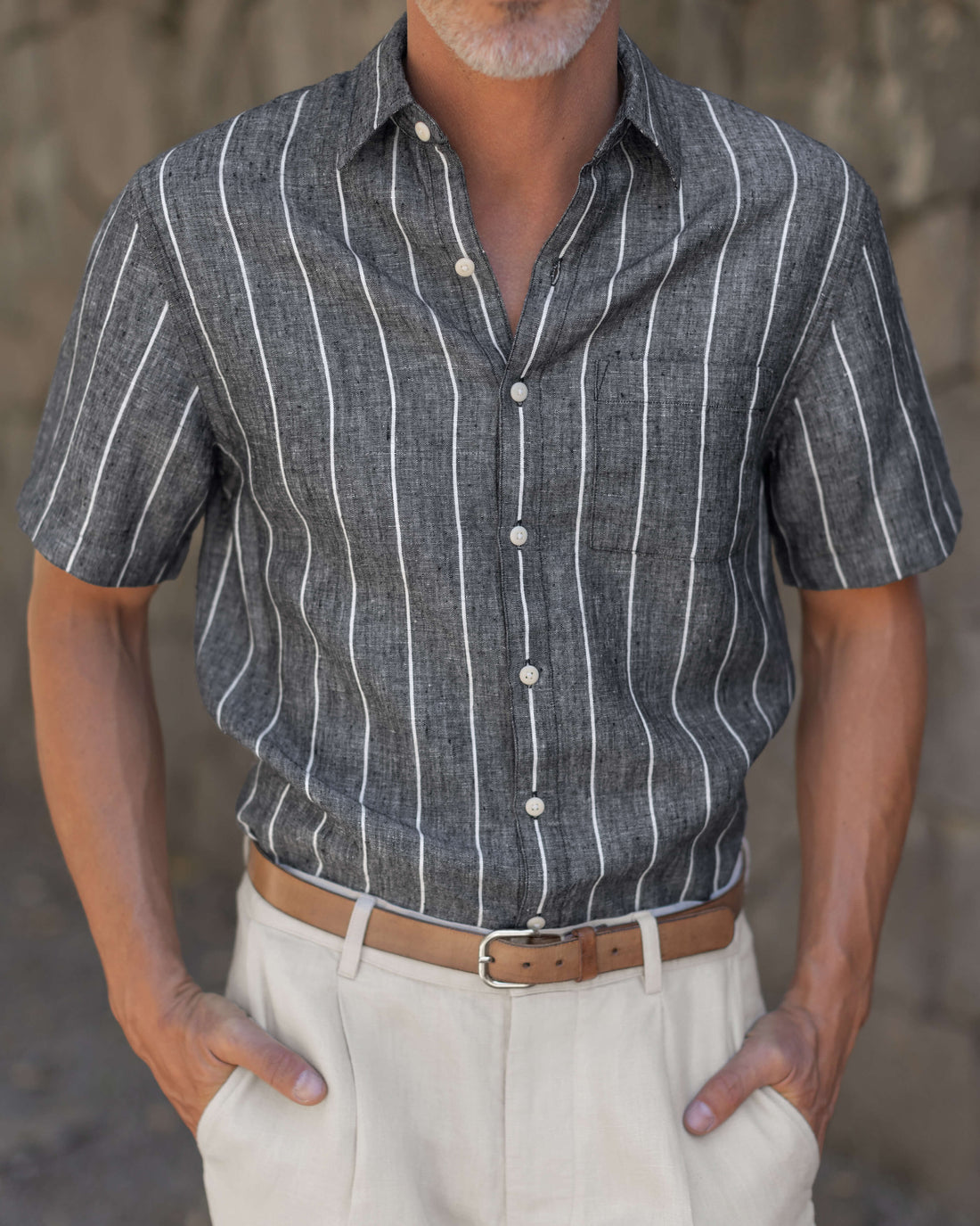 Ola Linen Short Sleeve Shirt - Sustainable French Linen / Chalk Stripe