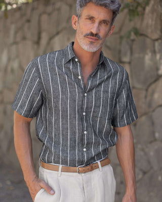 Ola Linen Short Sleeve Shirt - Sustainable French Linen / Chalk Stripe