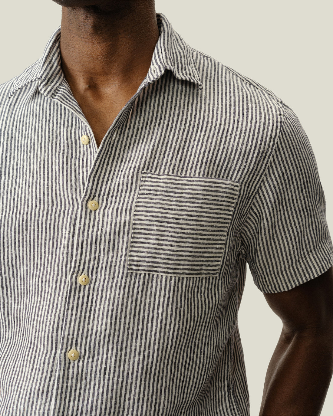 Ola Linen Short Sleeve Shirt - Sustainable French Linen / Blue and White Stripe Lines Alex Crane Ola Linen Short Sleeve Shirt - Sustainable French Linen / Blue and White Stripe Lines Alex Crane