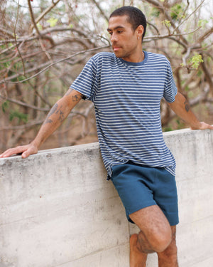 Sun Knit Linen T-Shirt - Sustainable French Linen / Blue and White Stripe Sail