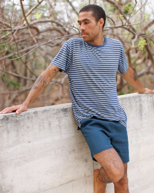 Sun Knit Linen T-Shirt - Sustainable French Linen / Blue and White Stripe Sail