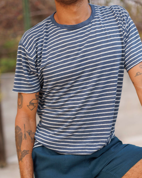 Sun Knit Linen T-Shirt - Sustainable French Linen / Blue and White Stripe Sail